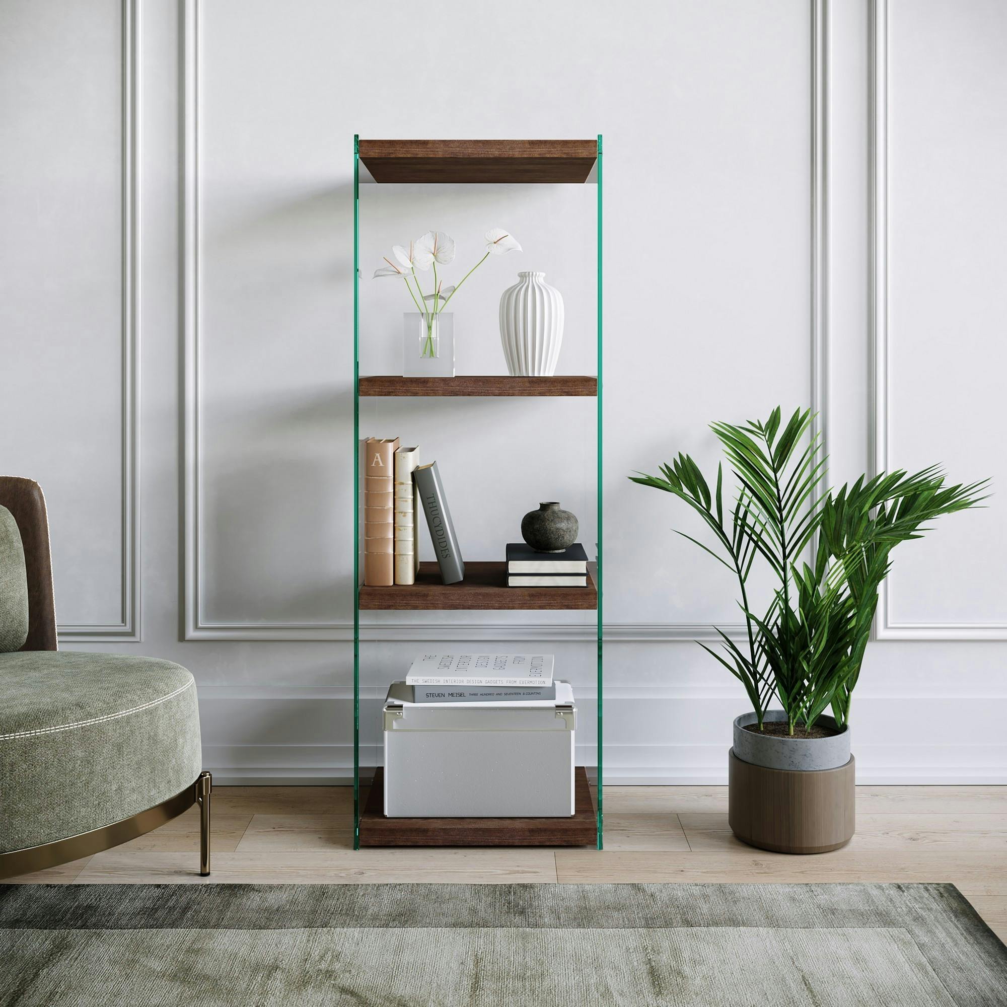 Colonne vitrine design - bois brun, 4 plateaux LHASA