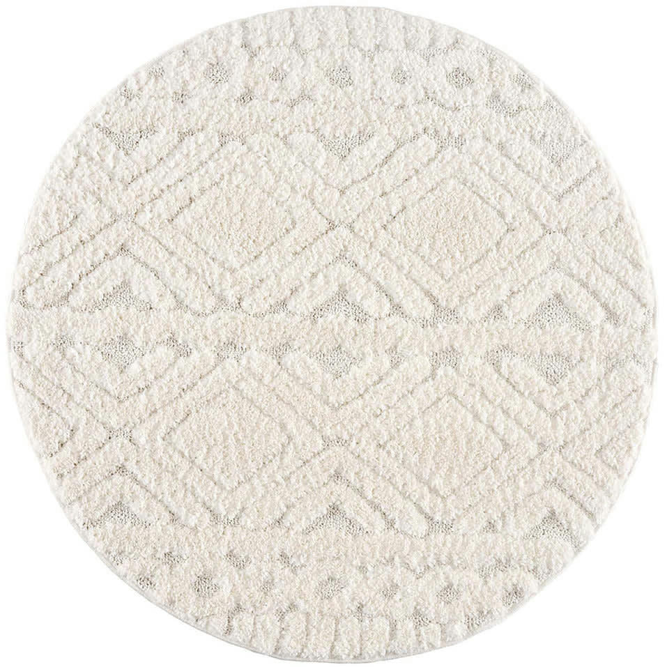 BÖHMEN - Tapis rond à poils longs et relief crème 120x120cm