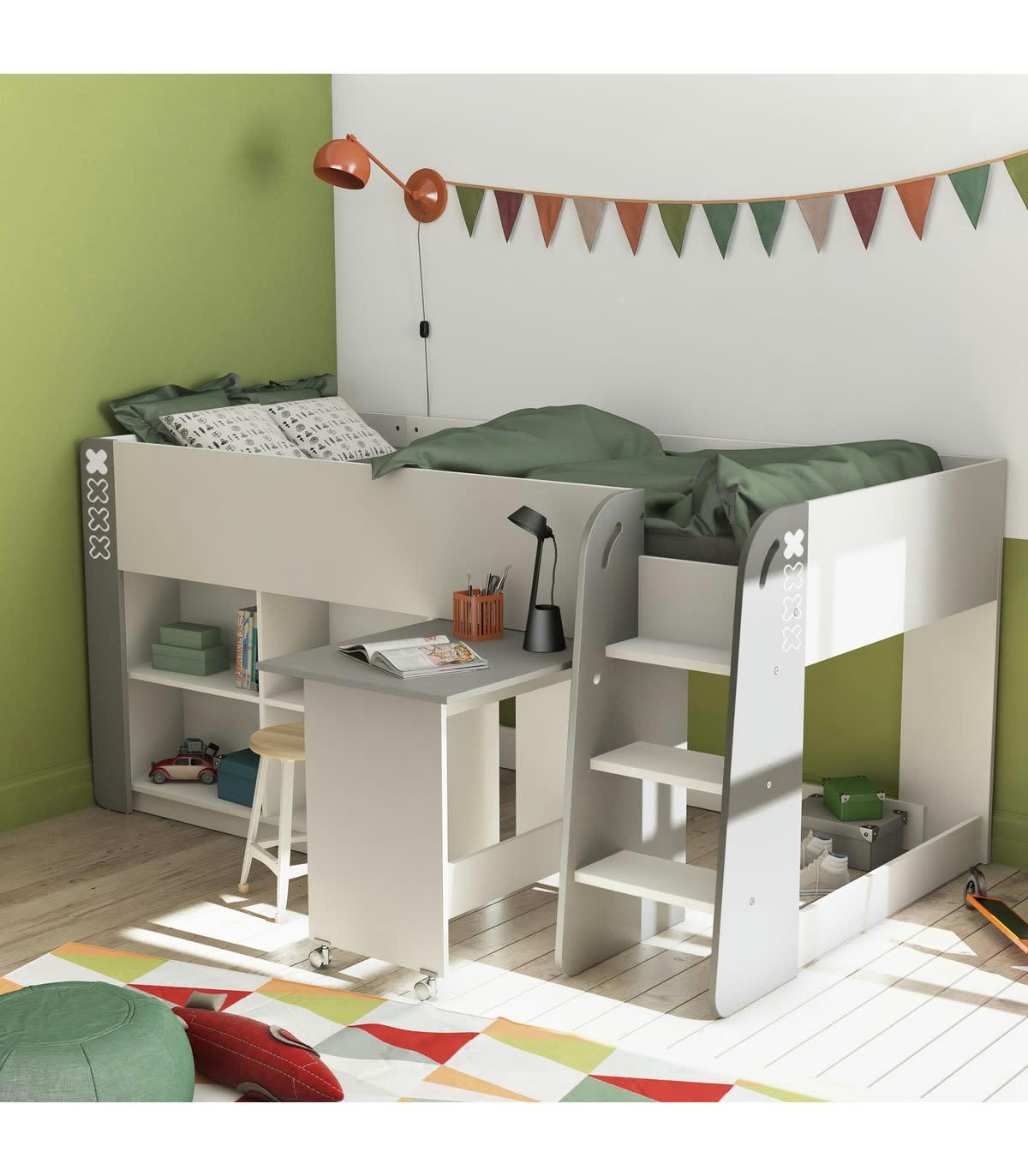 HAMPTON - Lit Enfant avec Bureau et Rangements 90x200 - Blanc et Gris