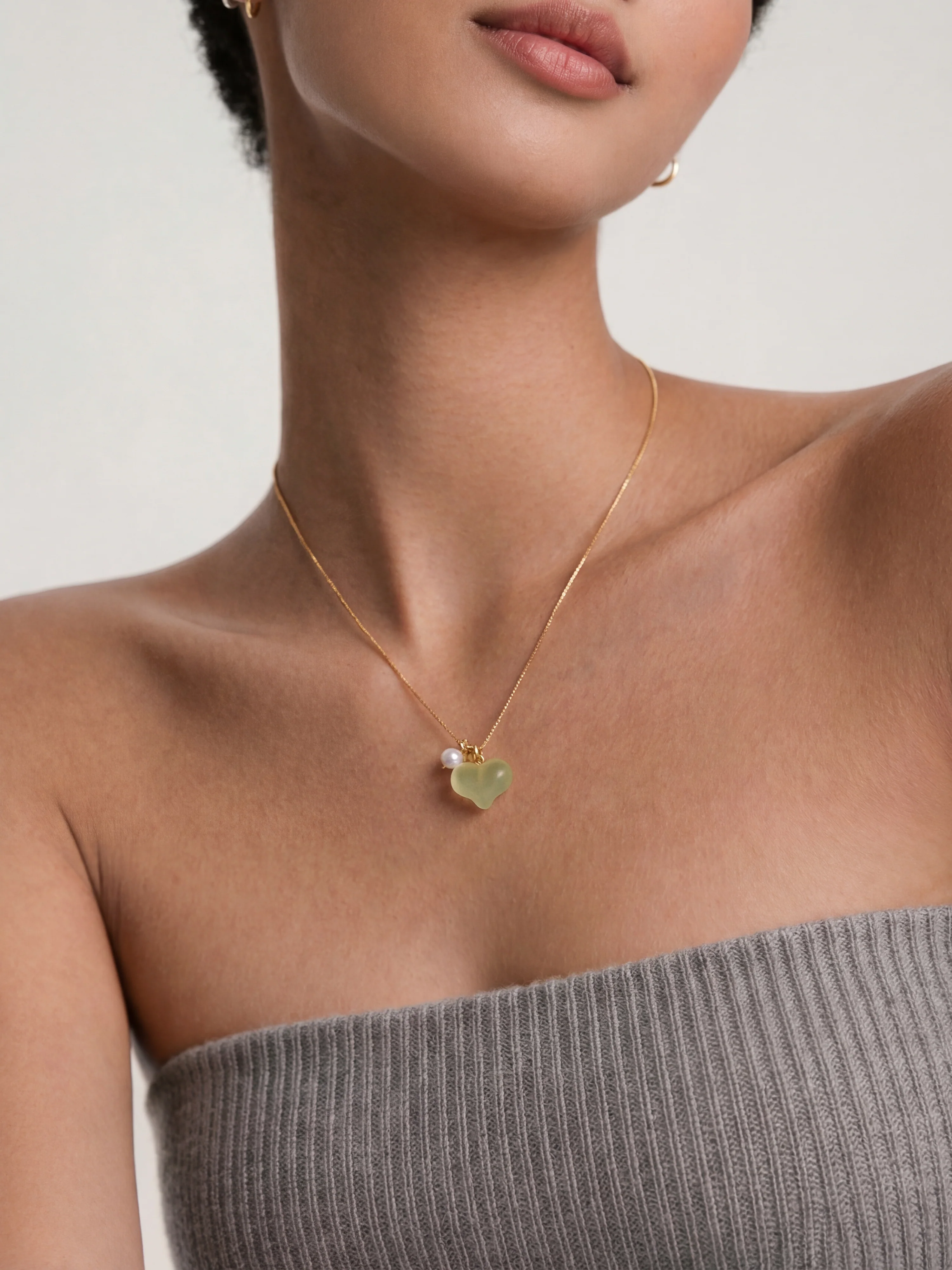 Puffed Heart — Green Jade & Pearl Pendant Necklace