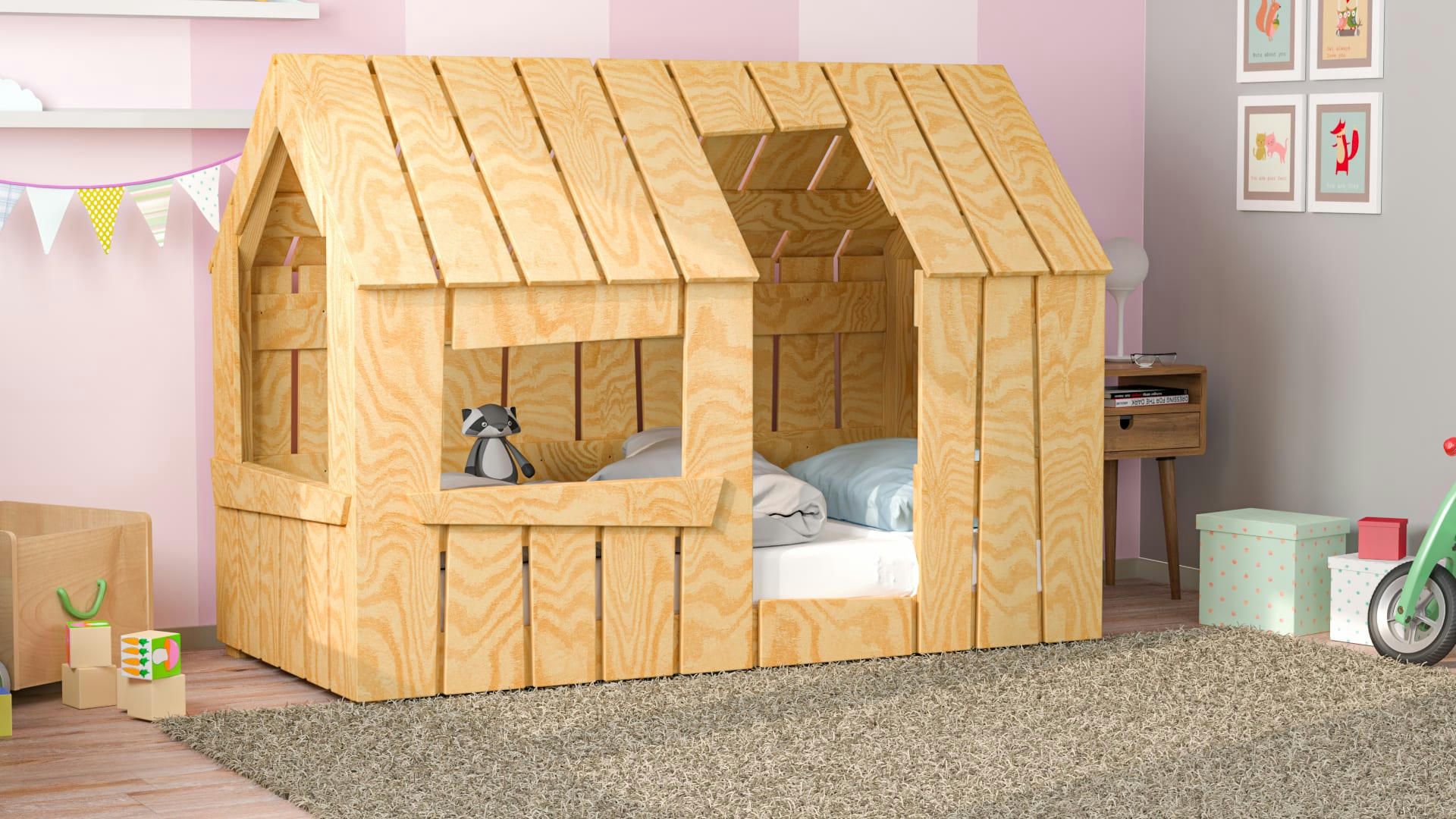 - Lit simple chalet en contreplaqué de pin 200x90 naturel