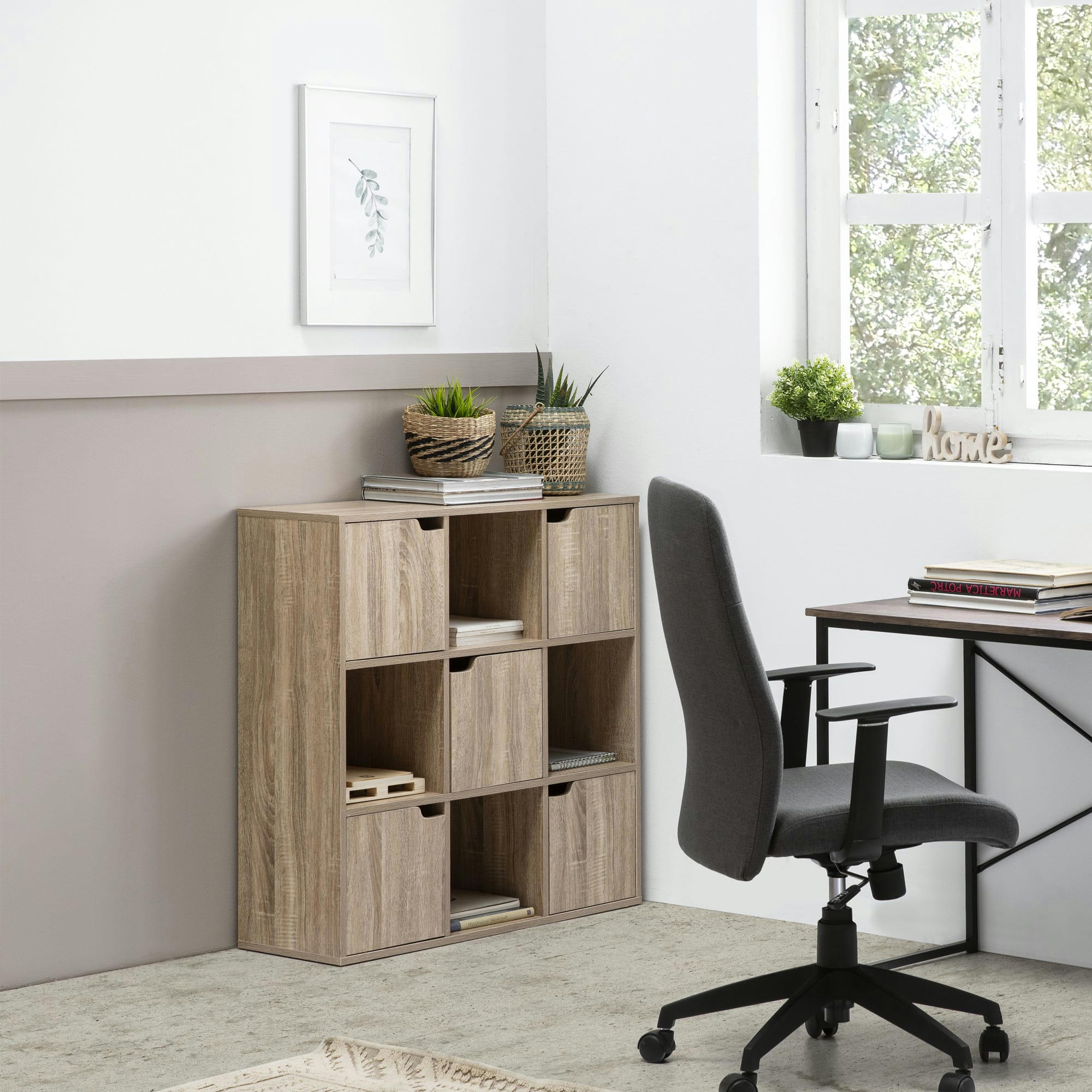 MARTIN - Étagère de rangement, couleur chêne 4 cases et 5 portes