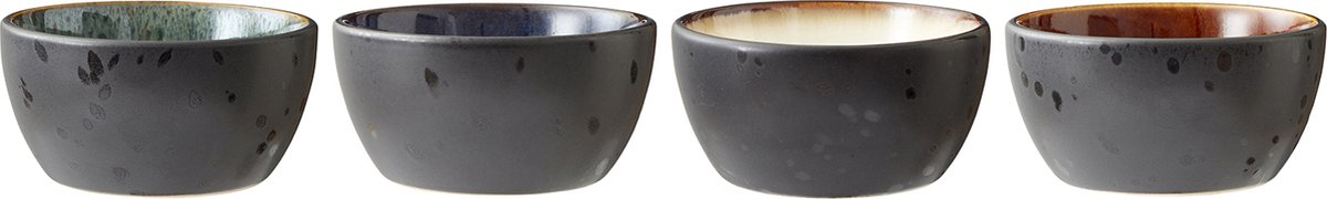 Bitz schaaltjes van zwart aardewerk, met diverse kleuren binnenwerk - 10 cm - set van 4 stuks (in prachtige gift box)