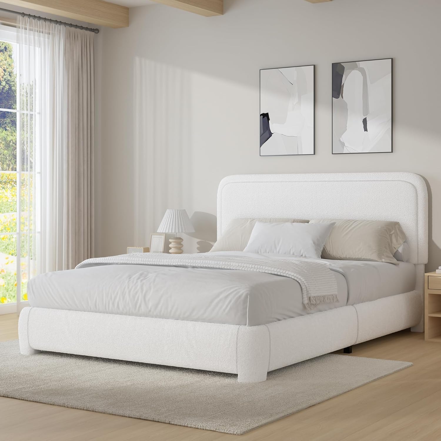 BarnFurin Queen Bed Frame with Headboard, Boucle Upholstered Platform Bed Frame, Luxurious Soft Rounded Corners, No Box Spring Required, Non-Slip and Noise-Free, Easy Assembly, White