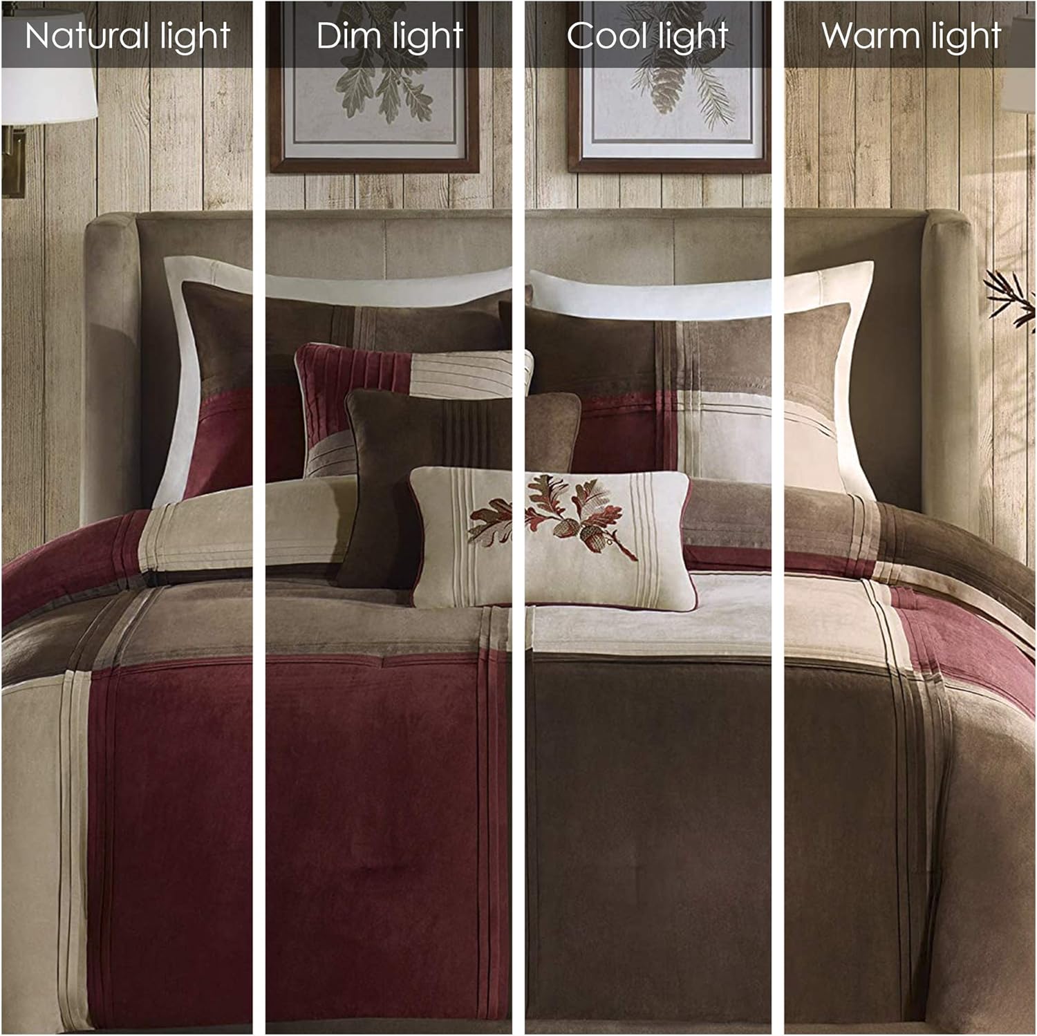 Madison Park Cozy Comforter Set Casual Blocks Design All Season, Matching Bed Skirt, Decorative Pillows, King(104x92), Red Brown, 7 Piece