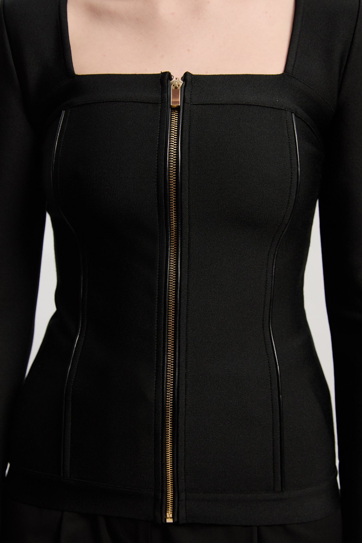 KarenMillen PU Tipped Detail Zip Through Bandage Knit Top