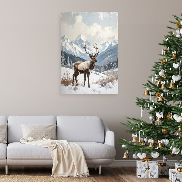 Obraz do salonu jadalni biura, Renifer zima śnieg pejzaż górski 20x30