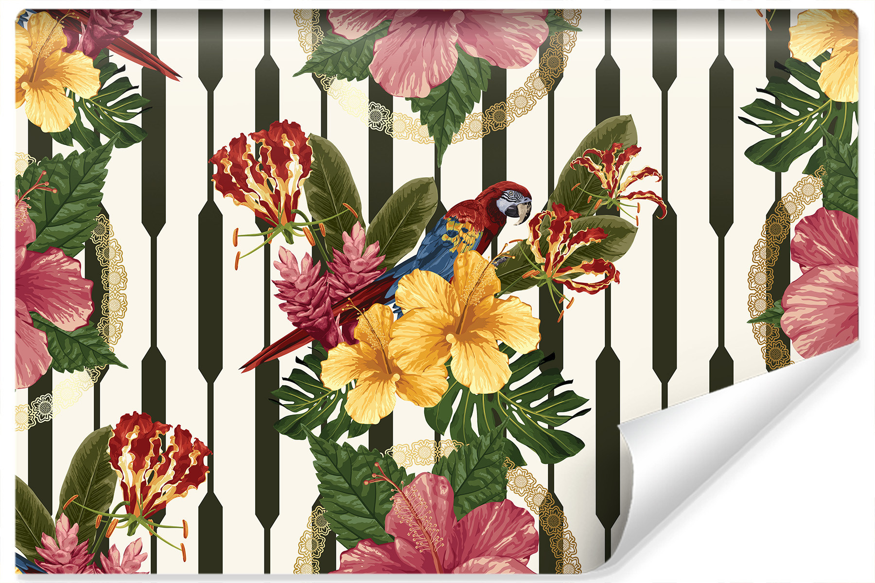 Fototapeta Styl Retro PAPUGI Kwiaty Liście 90x60cm