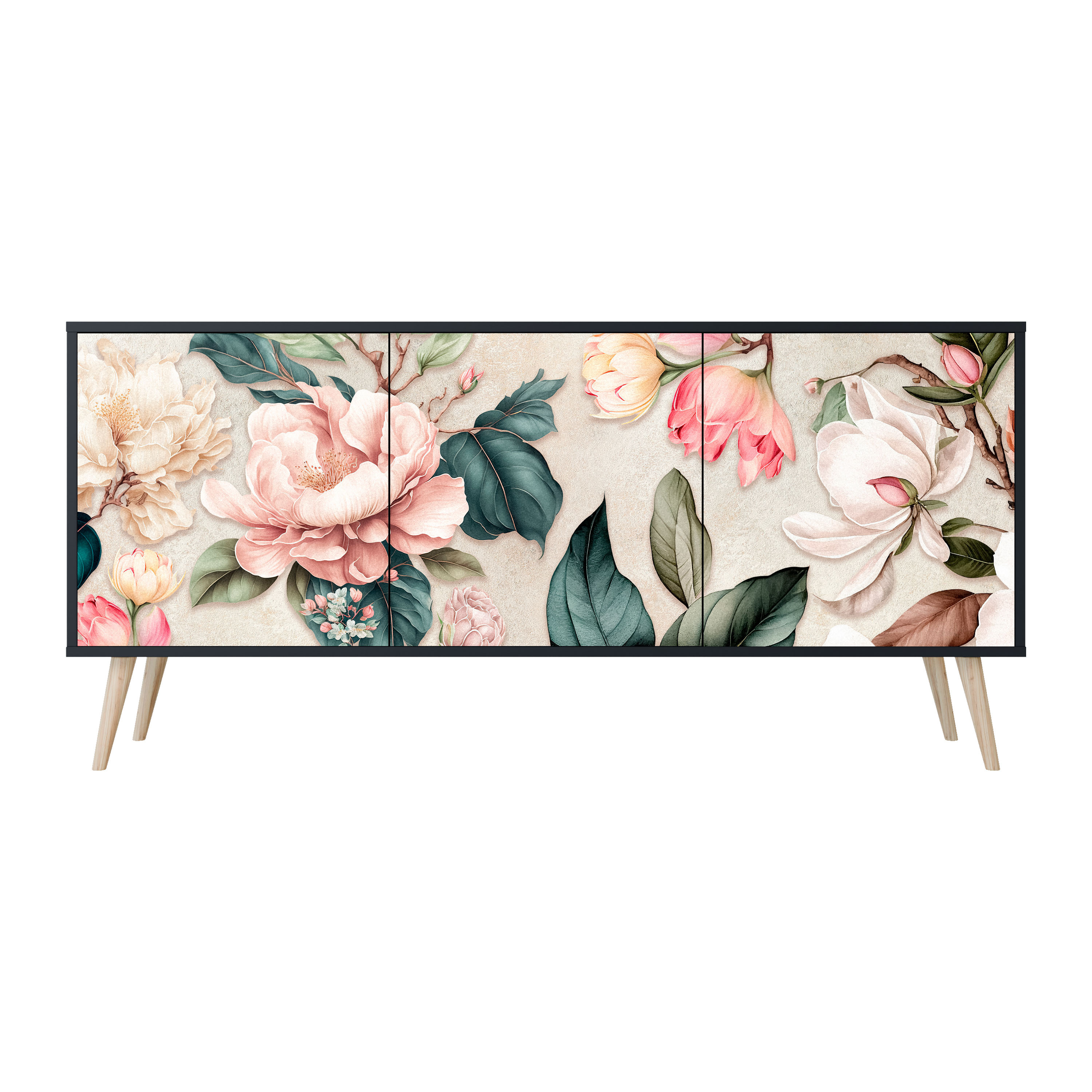 FLORAL GRACE Komoda 3 drzwi Czarna-Bukowa skośna