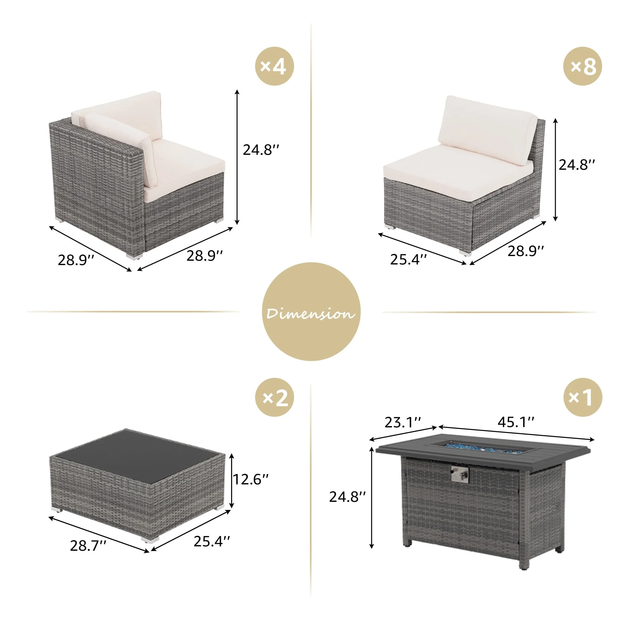 15 Piece Wicker Set Patio Sofa Furniture with Fire Pit And Table