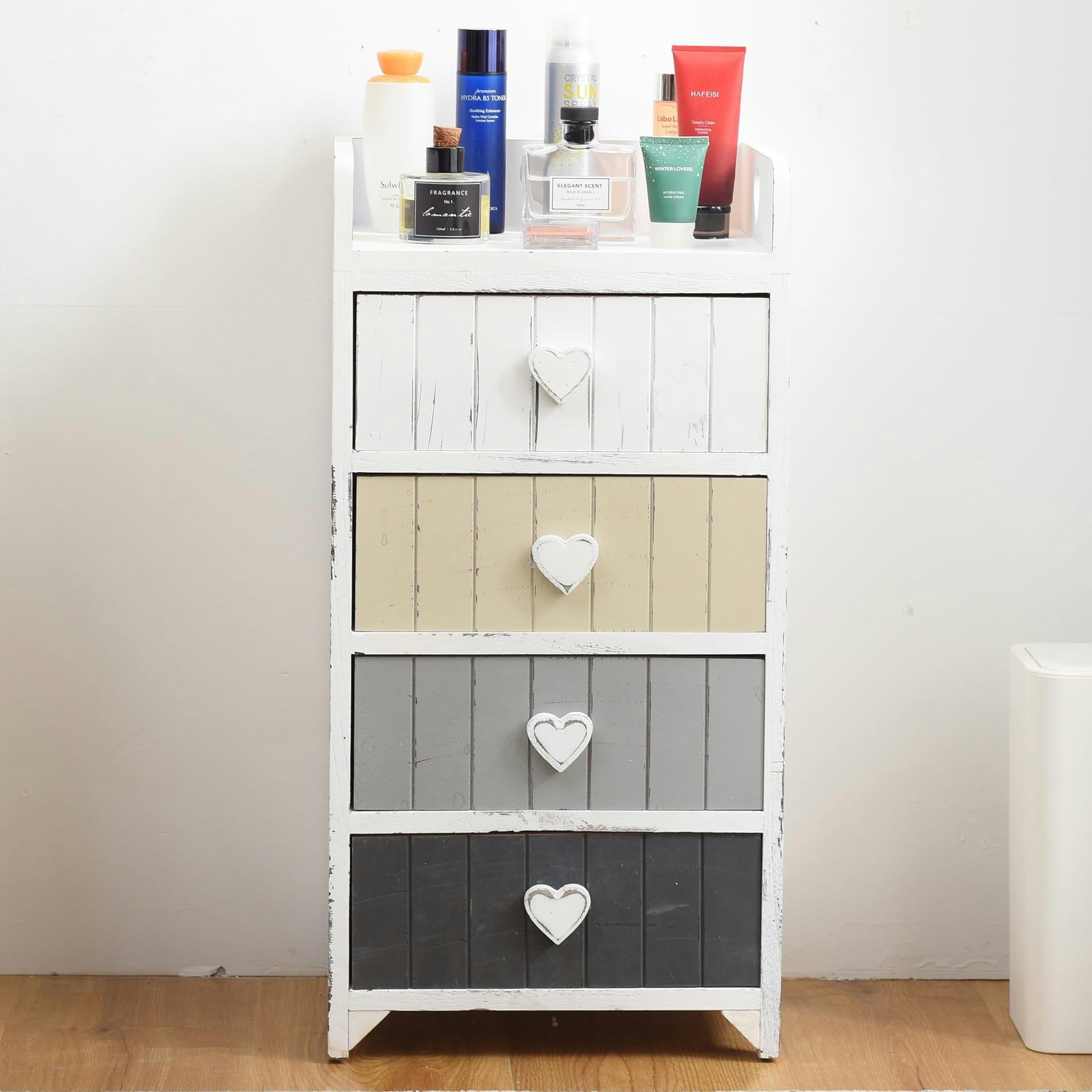 - Chiffonnier coeurs avec 4 tiroirs en MDF blanc et gris et beige