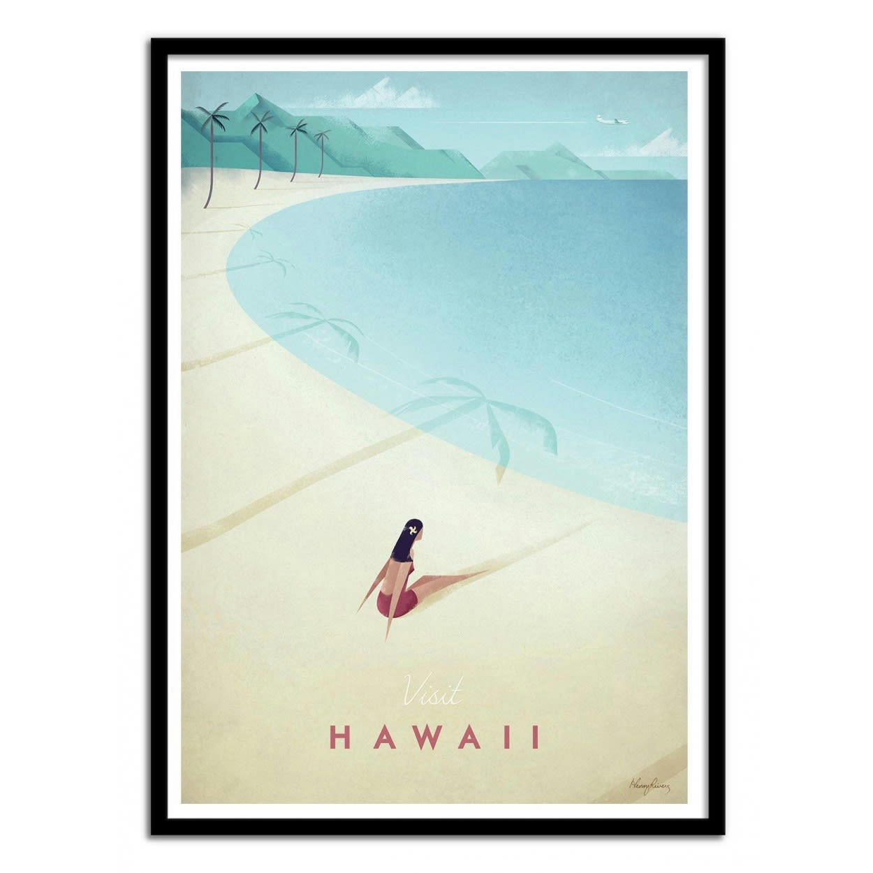 HENRY RIVERS - VISIT HAWAII - Affiche d'art avec Cadre bois noir - 50 x 70 cm