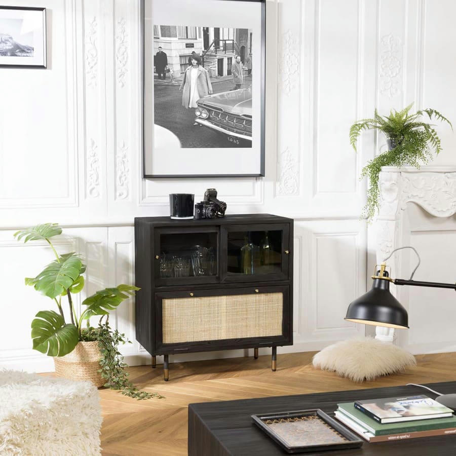 YANIS - Buffet 2 portes en verre 1 porte abattante cannage en pin noir