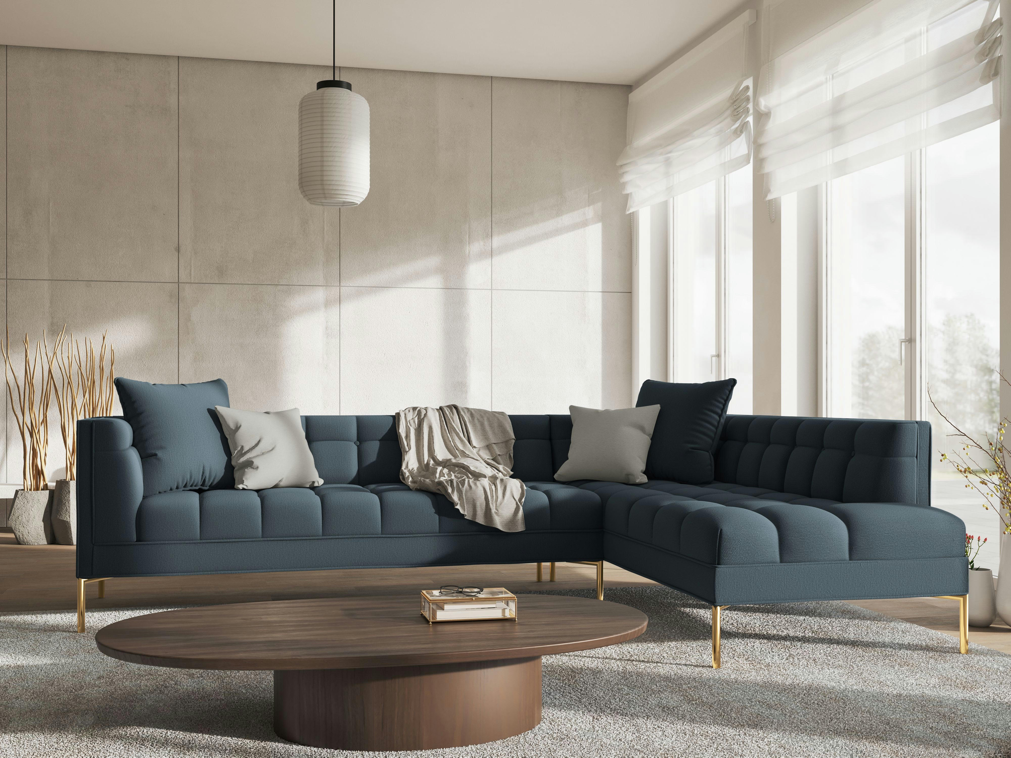 KAROO - Canapé d'angle tissu structuré bleu 5 places