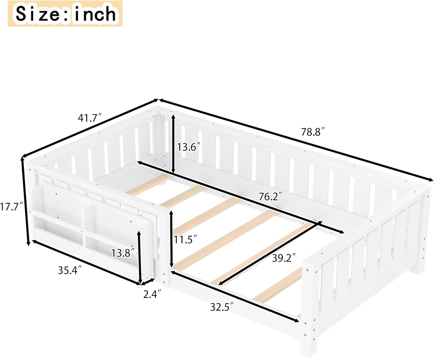 Bellemave Twin Floor Bed with Slats and Safety Guardrail, Twin Size Montessori Floor Bed with Fence and Built-in Bookshelf, Easy Assemble Montessori Beds for Kids, Girls, Boys, White