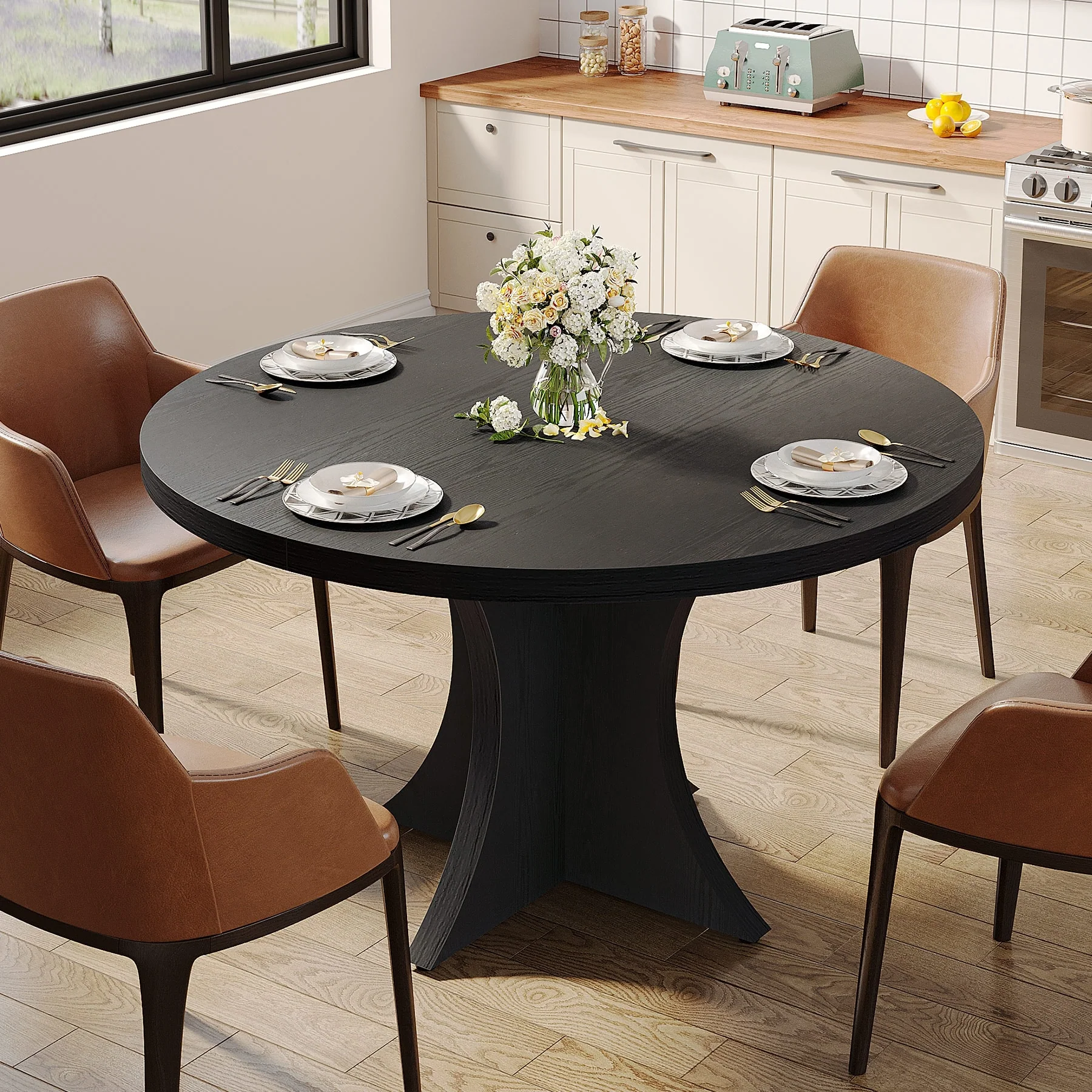 Round Dining Table for 4-6, 47.2 Black Kitchen Table