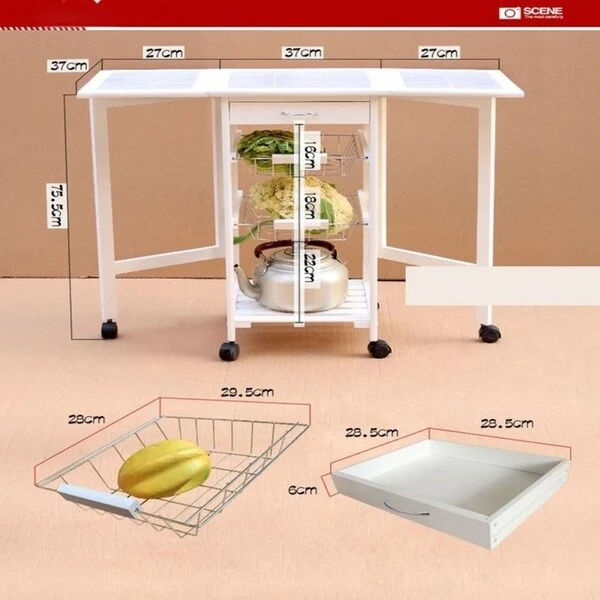 Folding Rolling Wood Trolley Island Kitchen Cart w/2 Baskets&1 Drawer