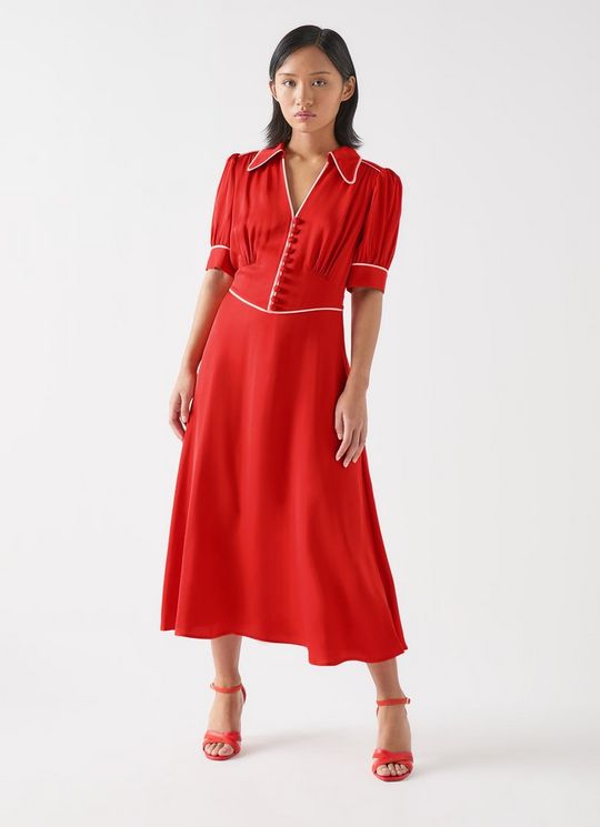 Lou Petite Aurora Red & Soft Pink Viscose Contrast Trim Satin Crepe Dress
