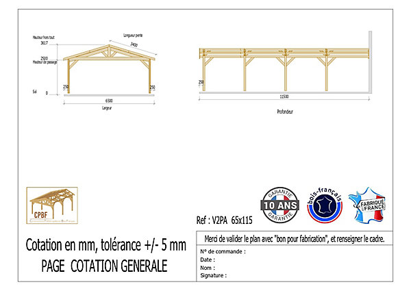 Carport adossé deux pentes 650cmx650cm bois DOUGLAS Français (Charpente en bois-auvent-abri voiture) 43m². Garantie 10 ans