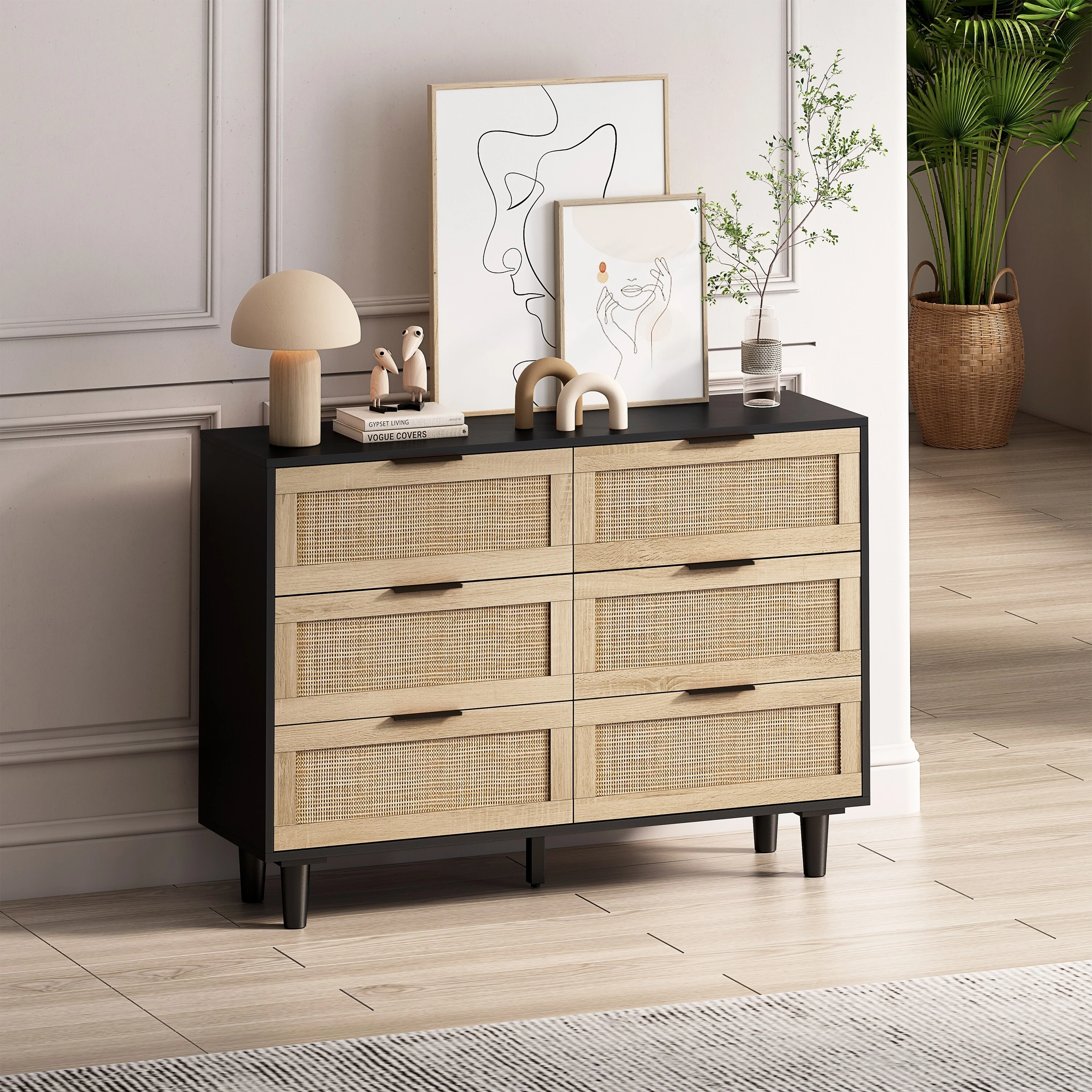 Rattan 6-Drawer Double Dresser, Storage Cabinet for Bedroom, Living Room