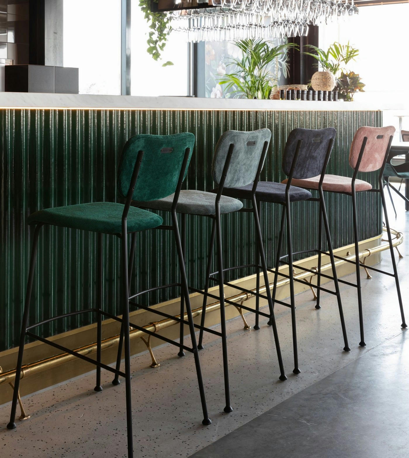 BENSON - Tabouret de bar rétro en velours gris bleu