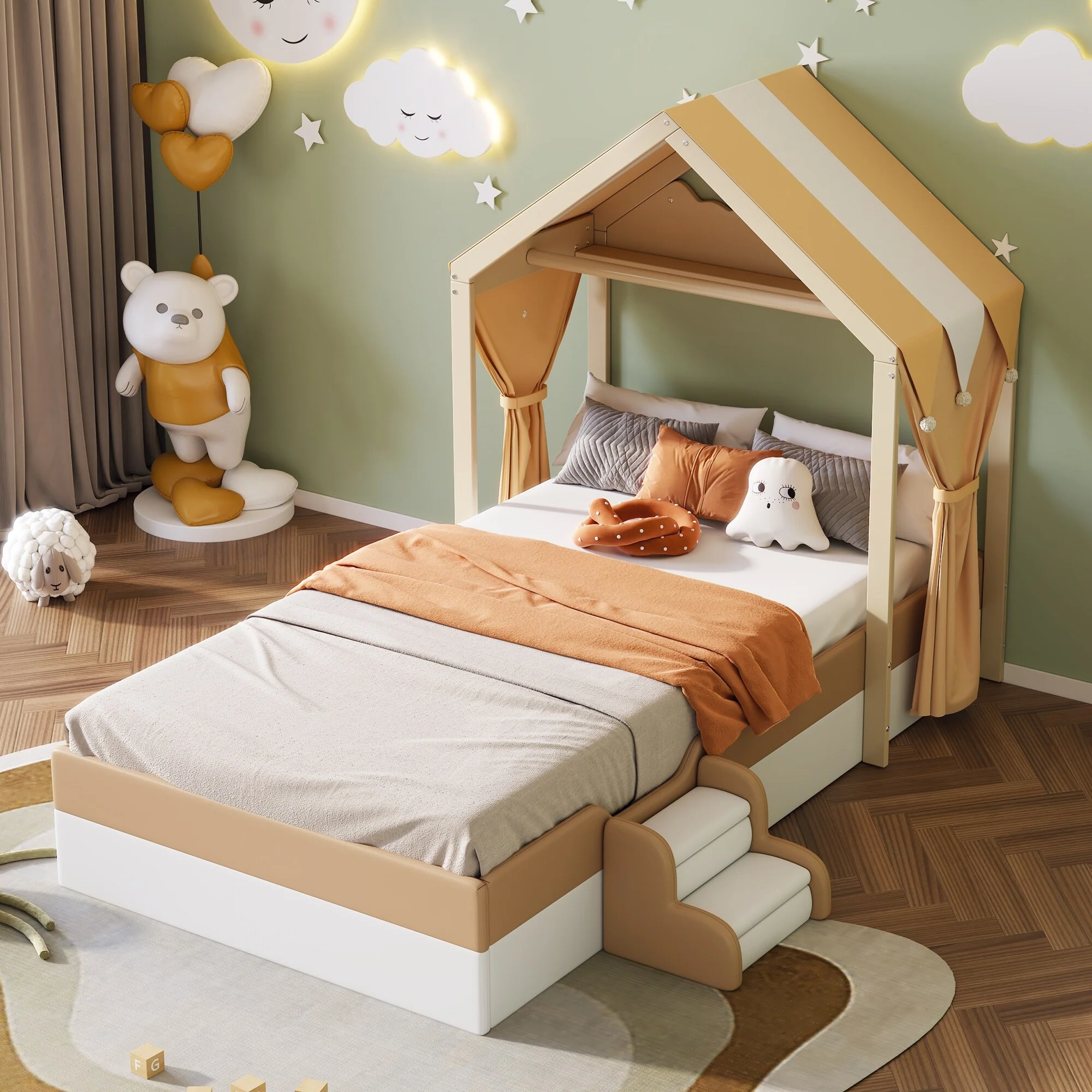 Twin Upholstered House Bed with Curtains for Kids