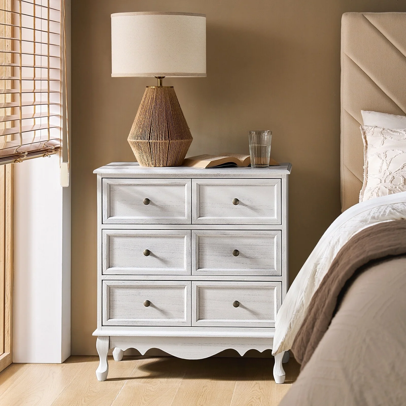 Pallantium Farmhouse 30Tall Distressed 3-Drawer Nightstand With Solid Wood Legs and Adjustable Feet by HULALA HOME