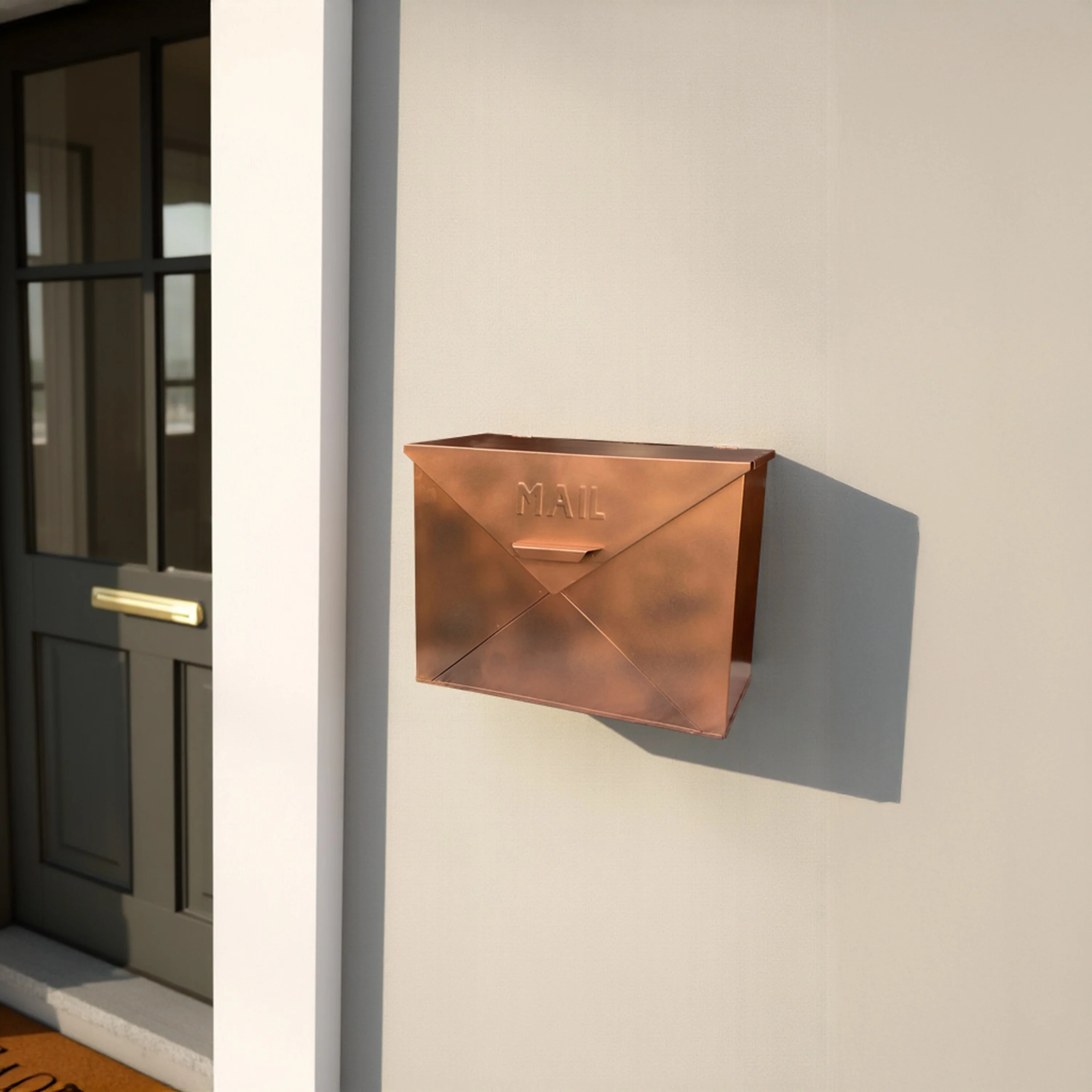 Spacious Envelope Shaped Wall Mount Iron Mail Box, Copper Finish
