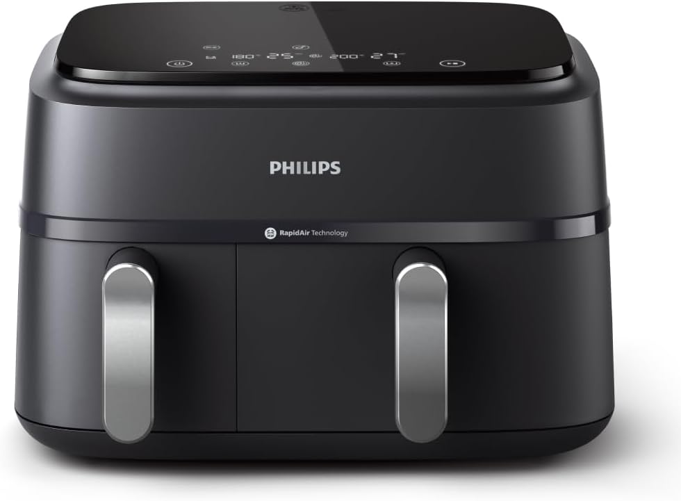 Philips Dual Basket Air Fryer 3000 Series — 8-in-1 functions, 9.5 Quarts, 2 Drawers, Auto-sync Cooking Time, 90% Less Fat, Rapid Air Technology, HomeID Recipe App, Dishwasher Safe, Black (NA351/00)