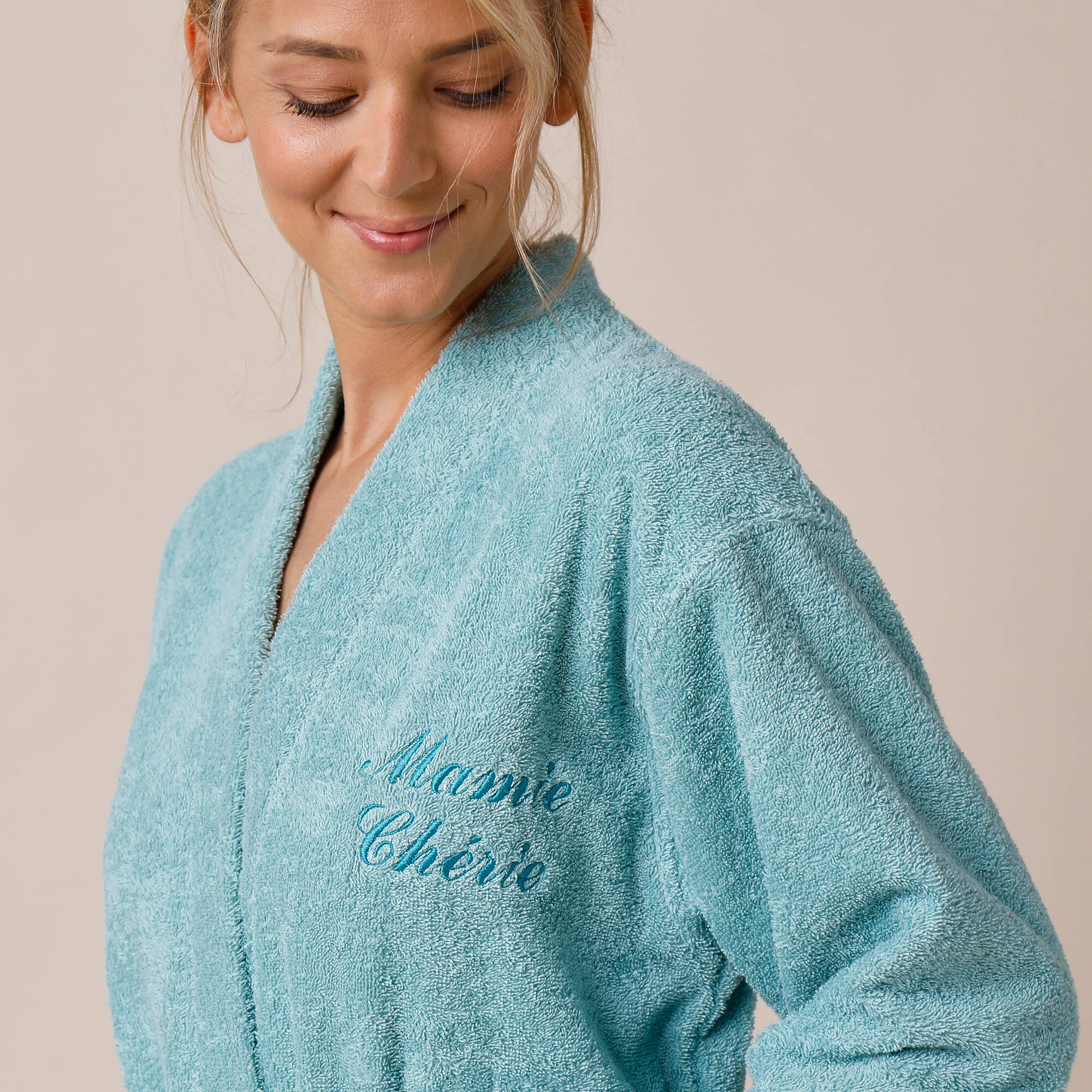 Peignoir mixte adulte uni coton éponge bouclette col kimono personnalisable