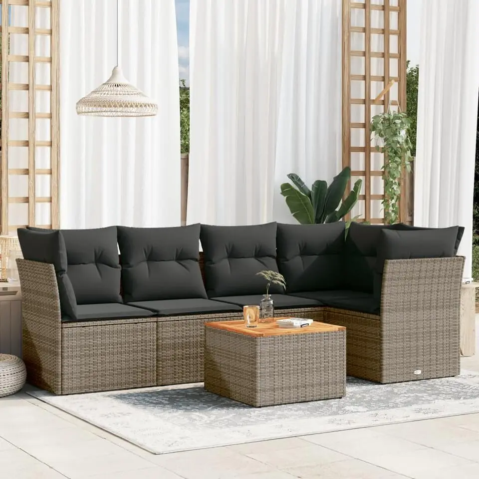 vidaXL Loungeset met kussens & salontafel - Grijs - Poly rattan - 6 stuks