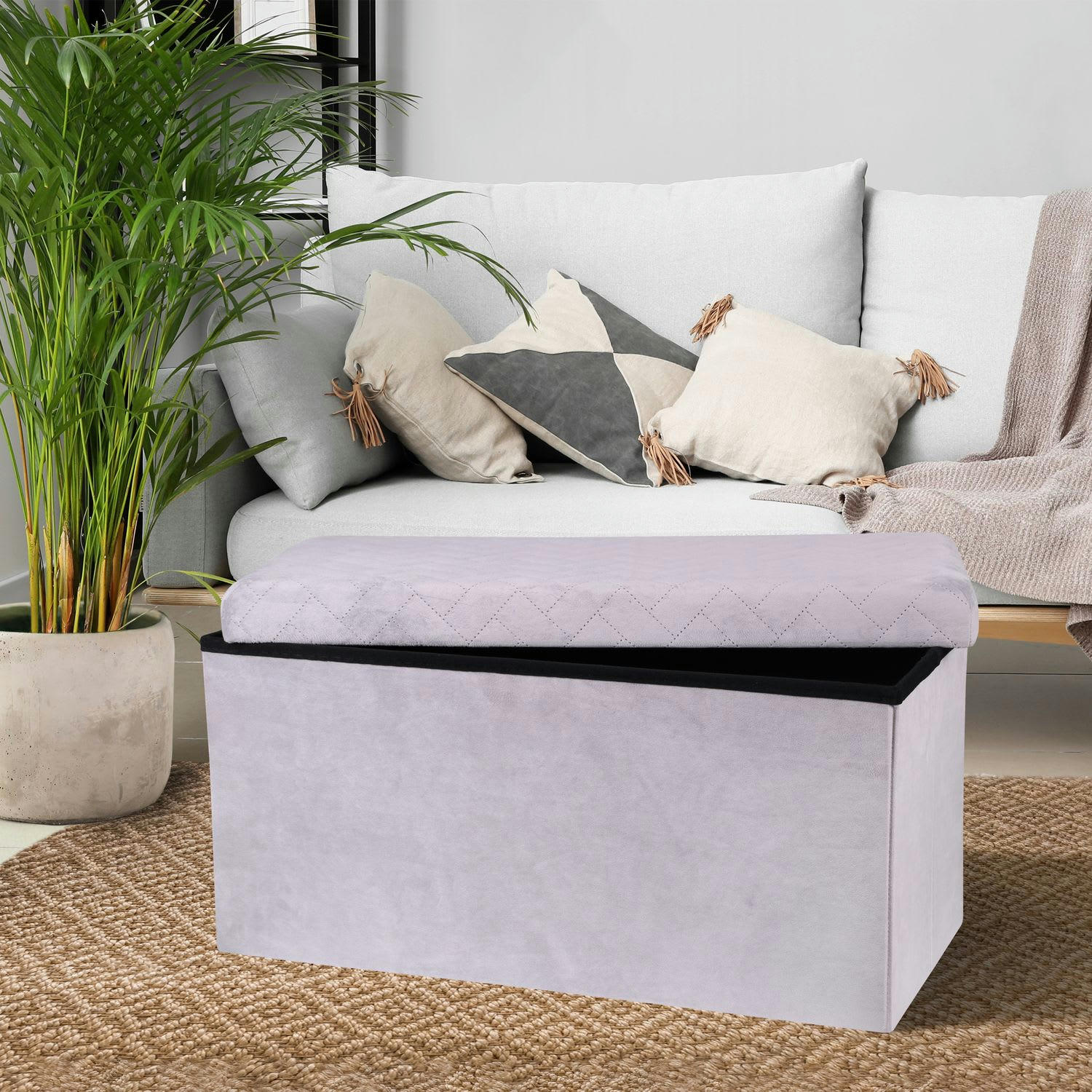 KUBE - Banc de rangement pliable en velours gris clair