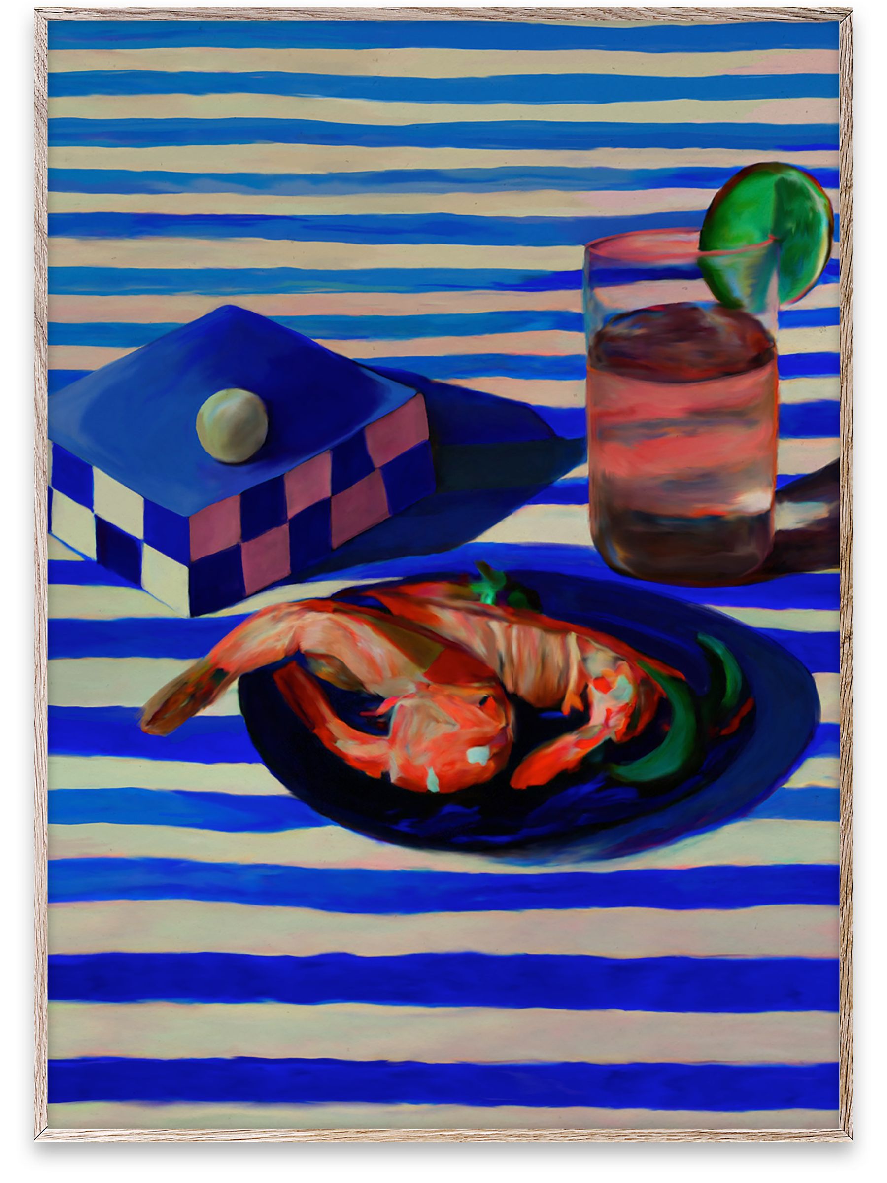 Paper Collective Blue Shrimp & Stripes Framed Wall Art Print in Natural Oak Frame