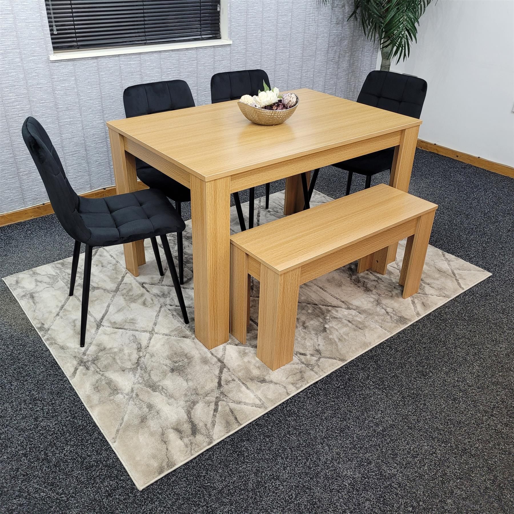 KOSY KOALA 6 Seater Light Wood Dining Table Set with 4 Black Velvet Chairs Bench