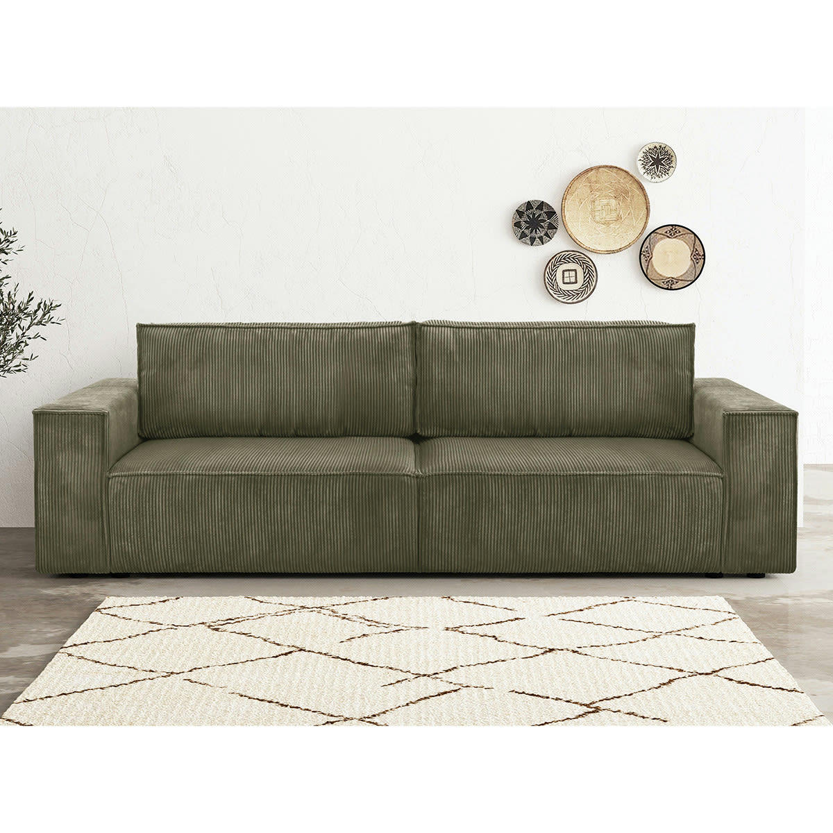 HARPER - Canapé convertible 3 Places en velours côtelé vert kaki