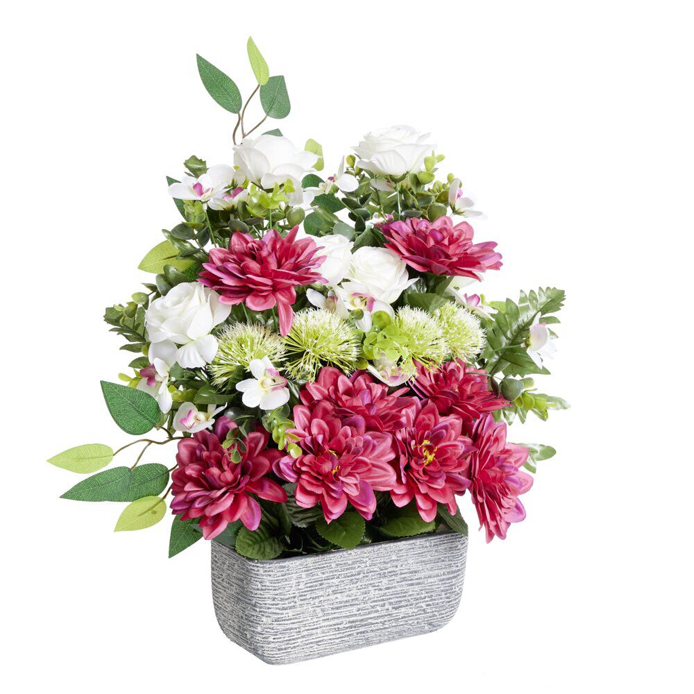 Composition florale artificielle multifleur fuschia jardinière ciment H60cm