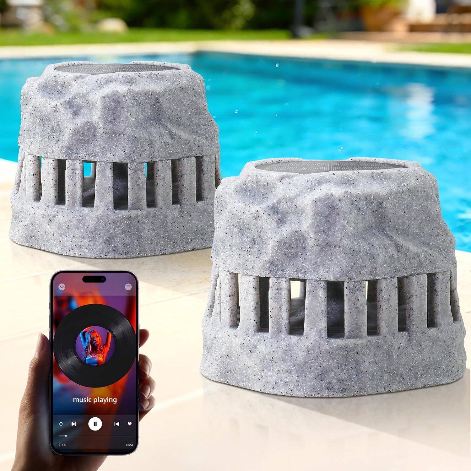 2-Pack Solar Powered Rock Speakers Waterproof Patio 2 in 1 Charging 360° Outdoor Rock Speaker with Lights RGB, IP44 for Pool Party Yard Outside Garden(Grey)