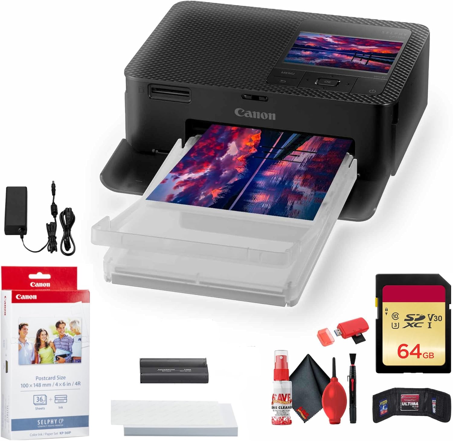 Canon SELPHY CP1500 Compact Photo Printer (Black) (5539C001) KP-36IP Color Ink and Paper Set + 64GB Memory Card + Cleaning Kit + Memory Card Wallet + Card Reader