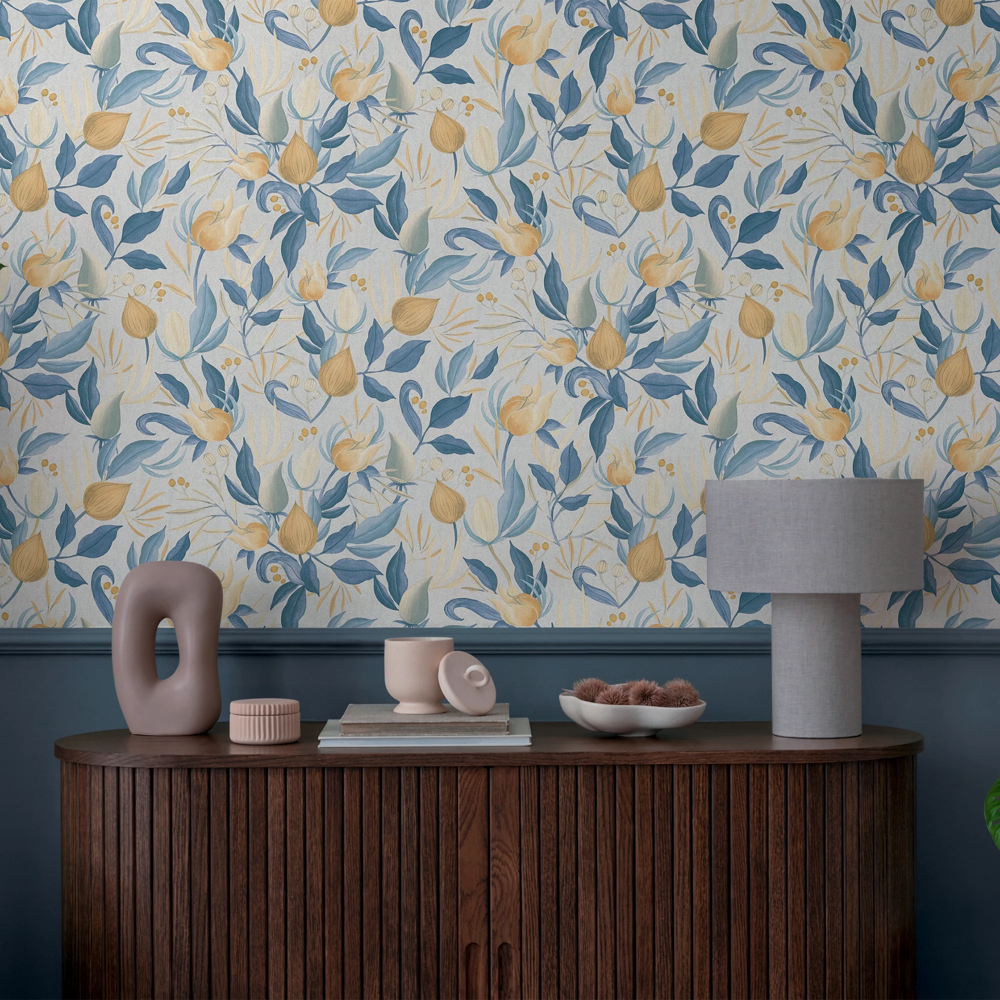 CosmoLiving Papier peint intissé STILL BLOOM bleu pétrole et ocre