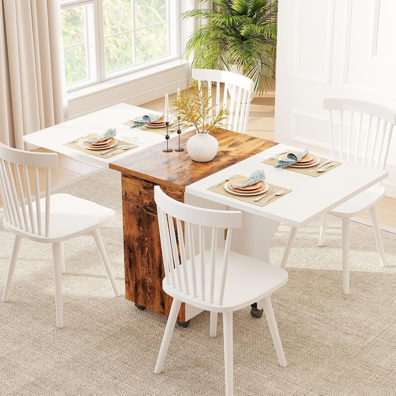 Giantex 3-in-1 Folding Dining Table for 4-6, 69-Inches Drop Leaf Kitchen Table with 2 Drawers and 2 Cabinets, Lockable Wheels, Foldable Dinner Tables for Small Spaces, Dinette (White+Brown)