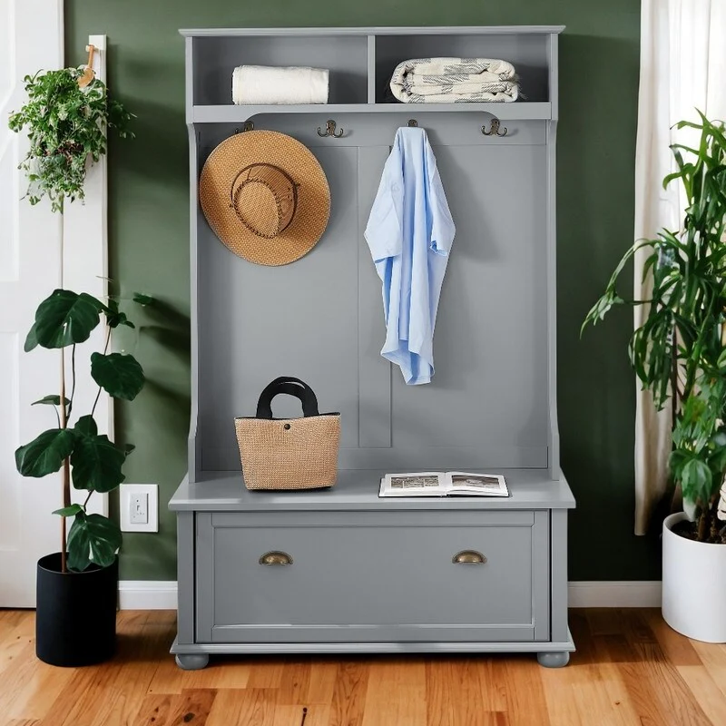 Entryway Hall Tree Bench with Shelves and Shoe Cabinets, Grey