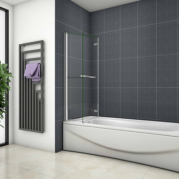 Pare baignoire 120x140cm avec porte-serviette, écran baignoire pivotant et pliant en verre anti-calcaire