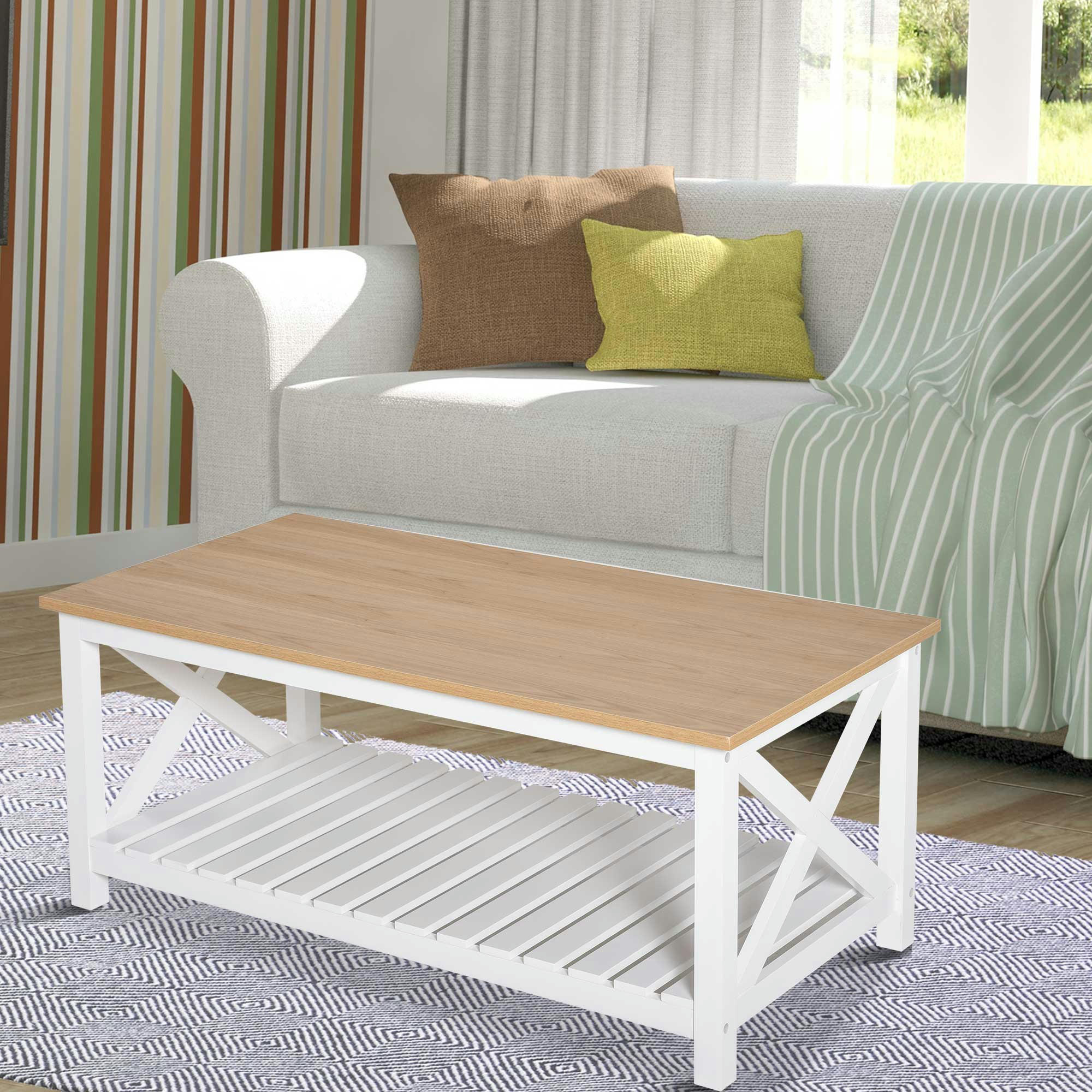 - Table basse rectangulaire étagère à lattes plateau chêne clair blanc