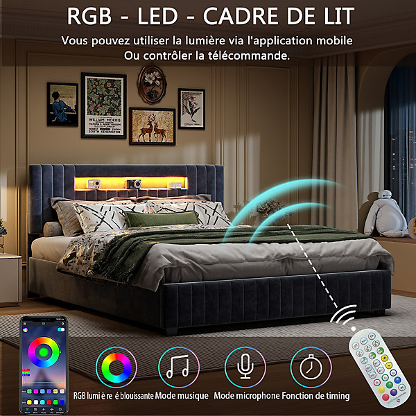 Lit Double 160x200 cm avec Coffre de Rangement HydrauliqueVelours Capitonné Gris, éclairage LED Intégré et Cadre Robuste