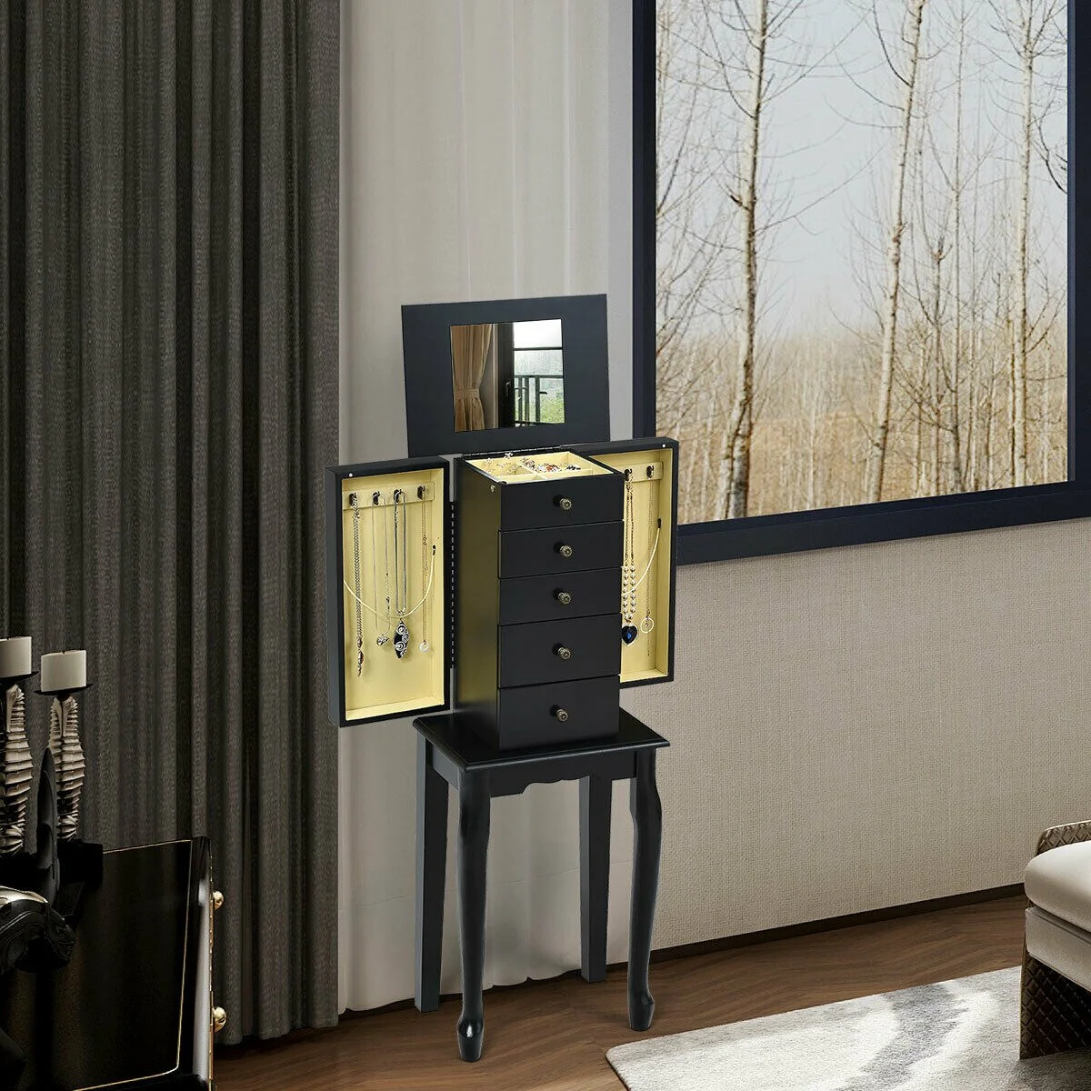 Gymax Mirrored Armoire Jewelry Cabinet Free Standing Organizer Storage - See Details