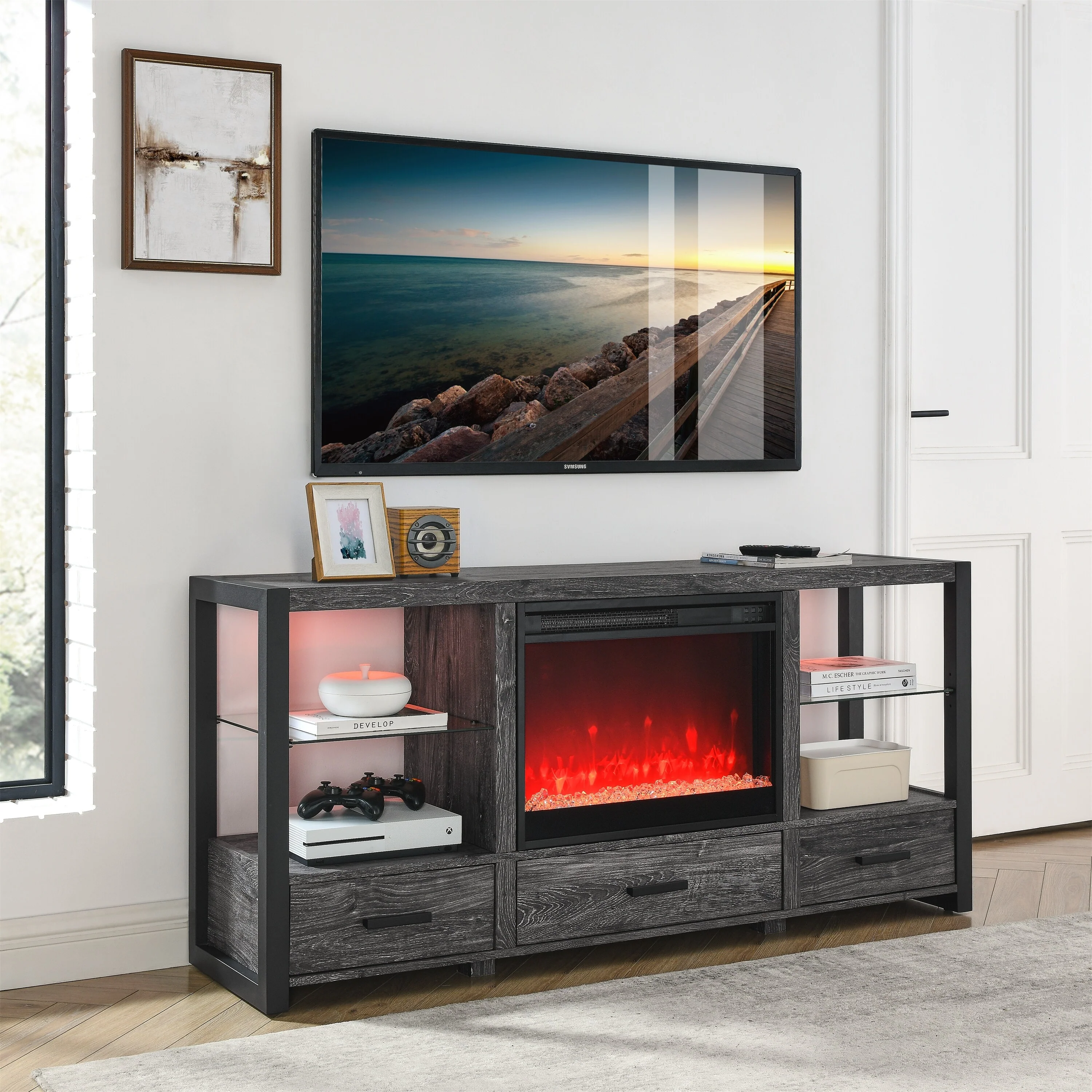 Dark Oak 60 Fireplace TV Stand with Colorful LED & Remote for TVs Up to 70