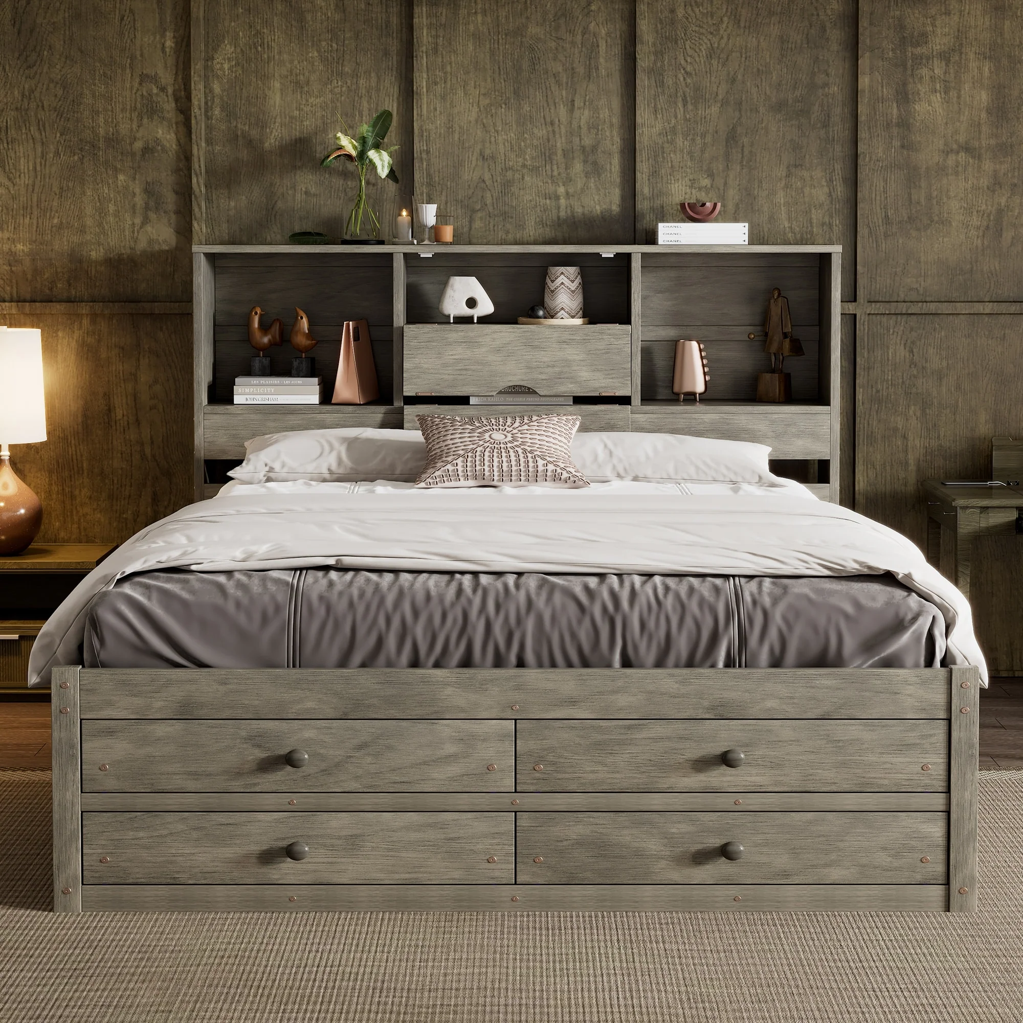 Queen Size Platform Bed with Storage Headboard & 8 Drawers - Gray