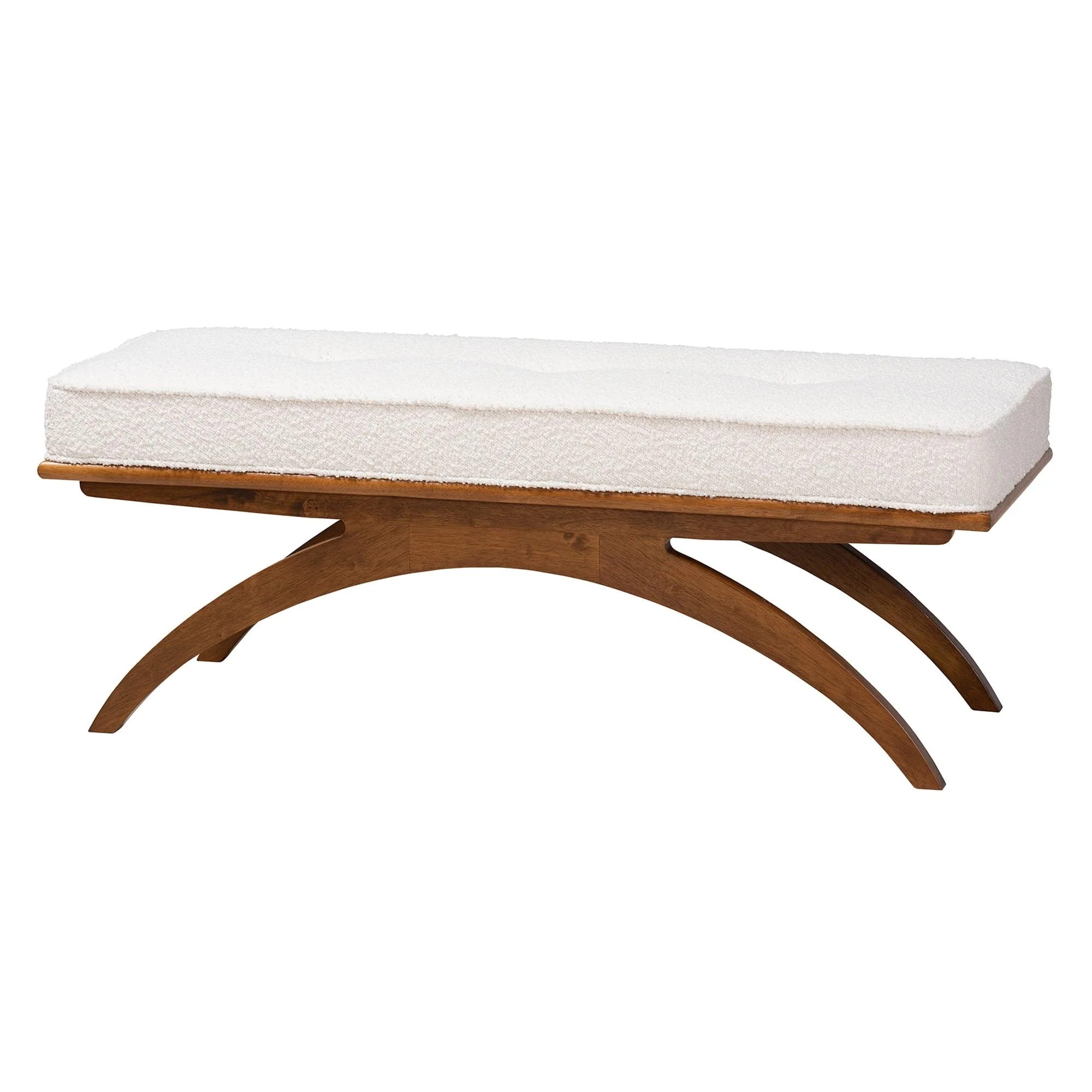 Orella Japandi Cream Boucle Fabric and Walnut Brown Finished Wood Bench