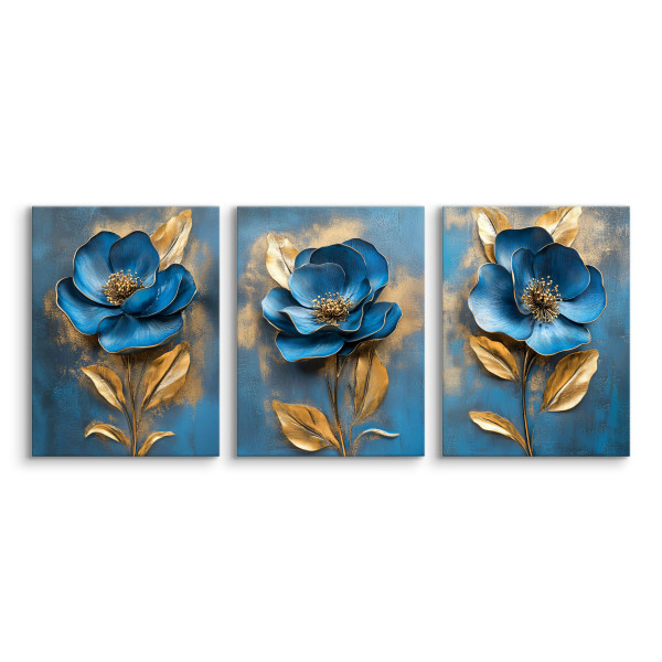 3x Obraz Set Niebieskie Abstrakcyjne Kwiaty 30x40cm