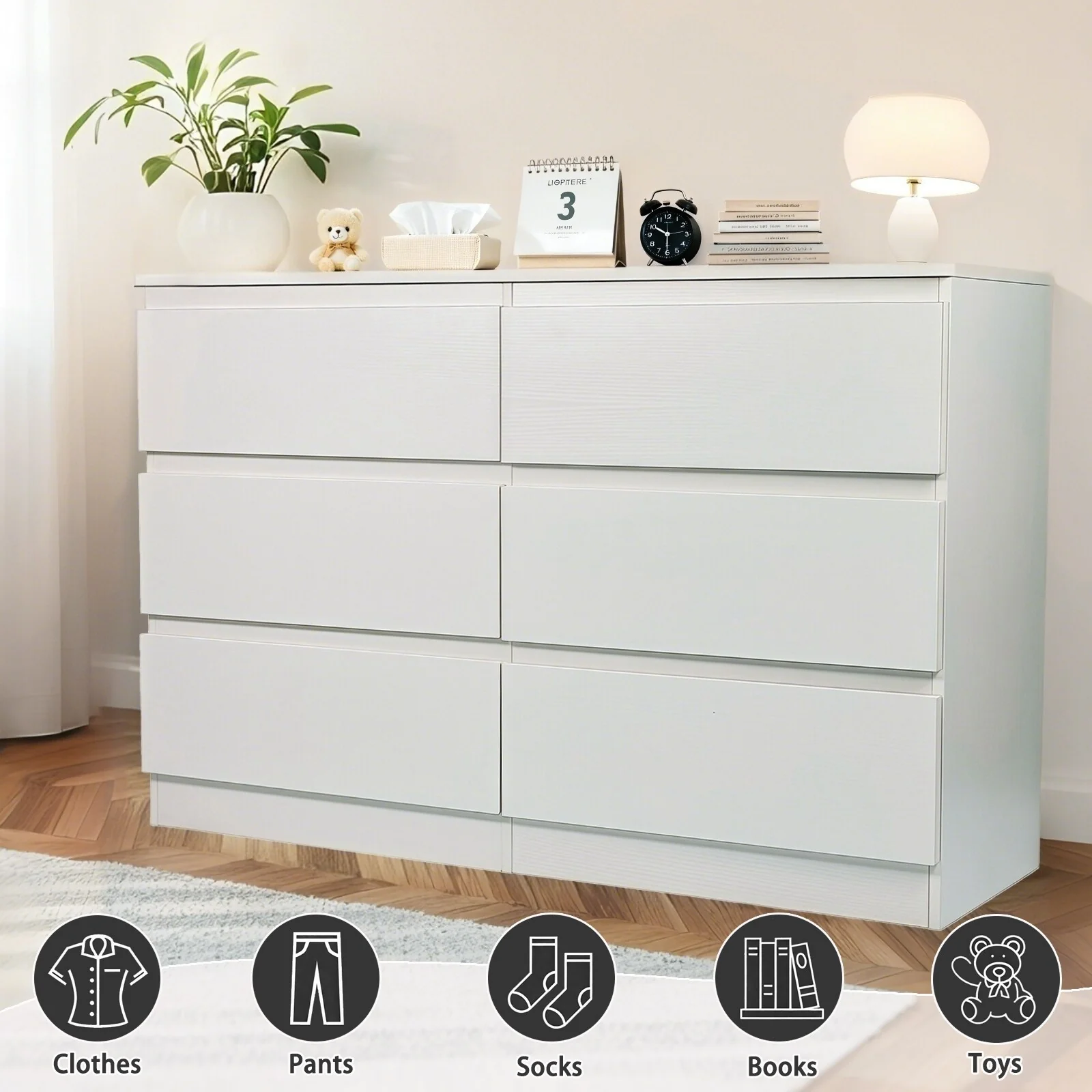 6 Drawer White Dresser, Modern Dresser for Bedroom with Spacious Countertop, Wood Storage Cabinet with Concealed Handles